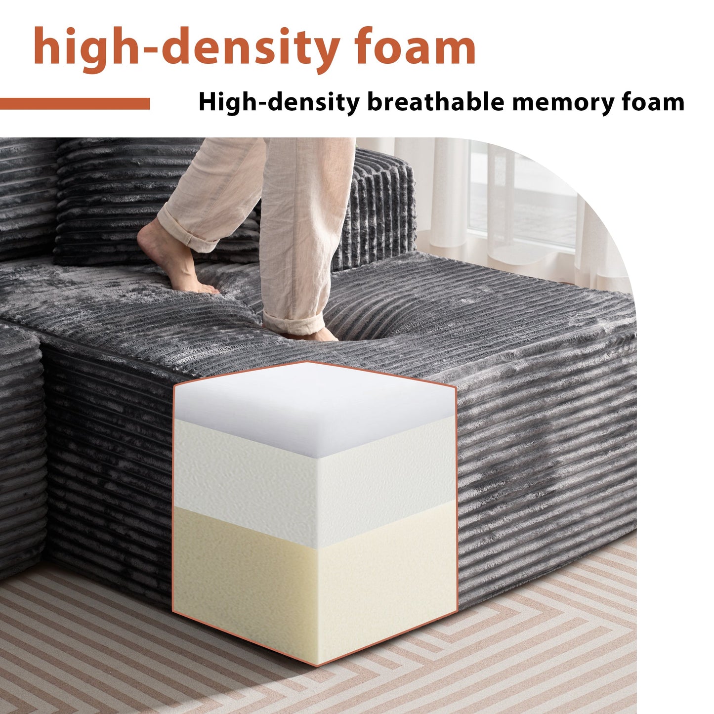 134" U-Shape Modular Couch , Plush Corduroy Fabric, No Assembly Required