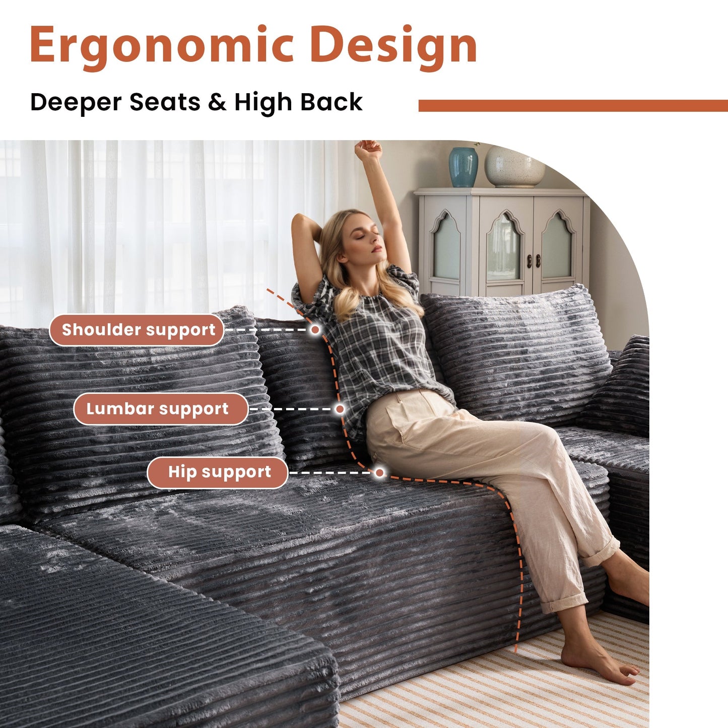 134" U-Shape Modular Couch , Plush Corduroy Fabric, No Assembly Required