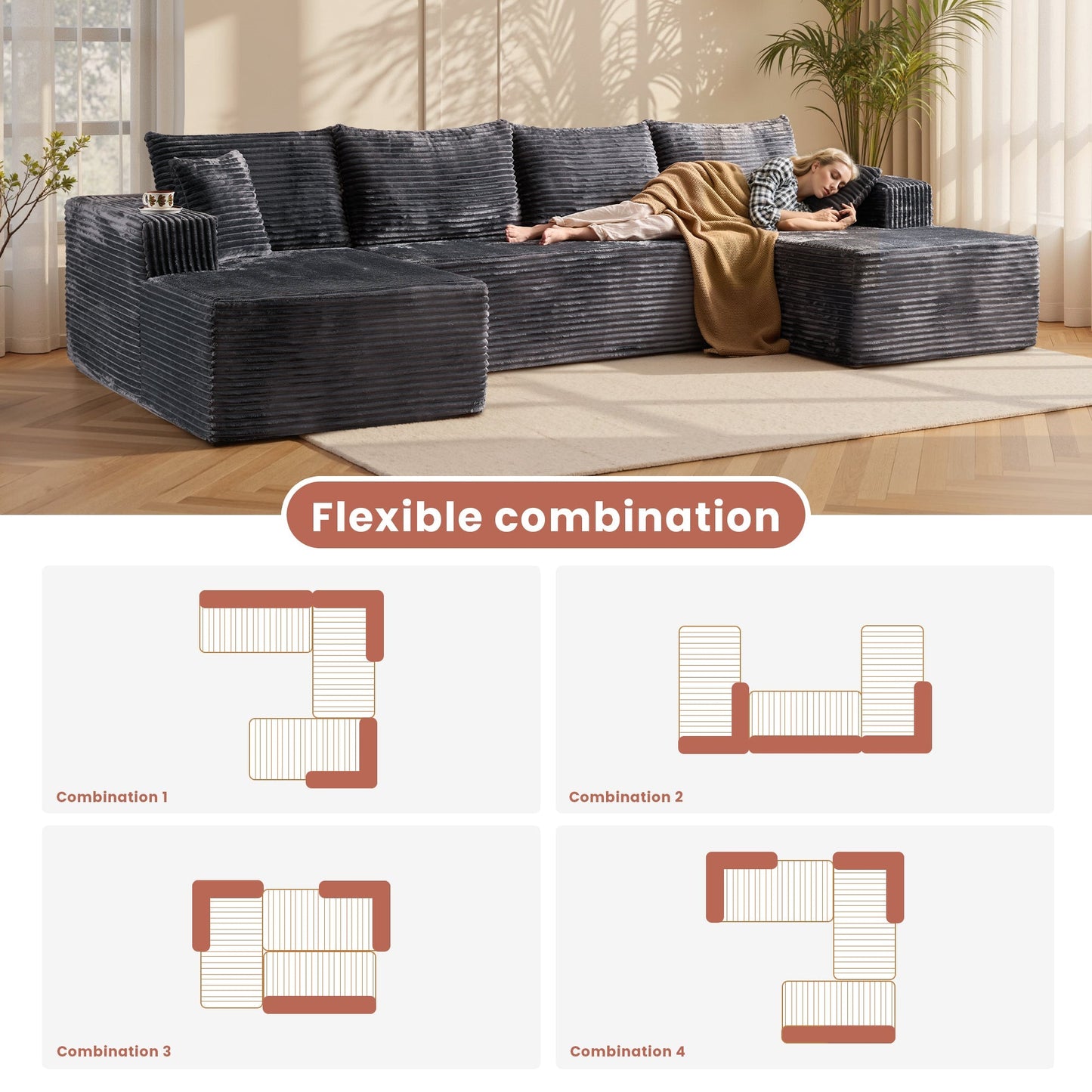 134" U-Shape Modular Couch , Plush Corduroy Fabric, No Assembly Required