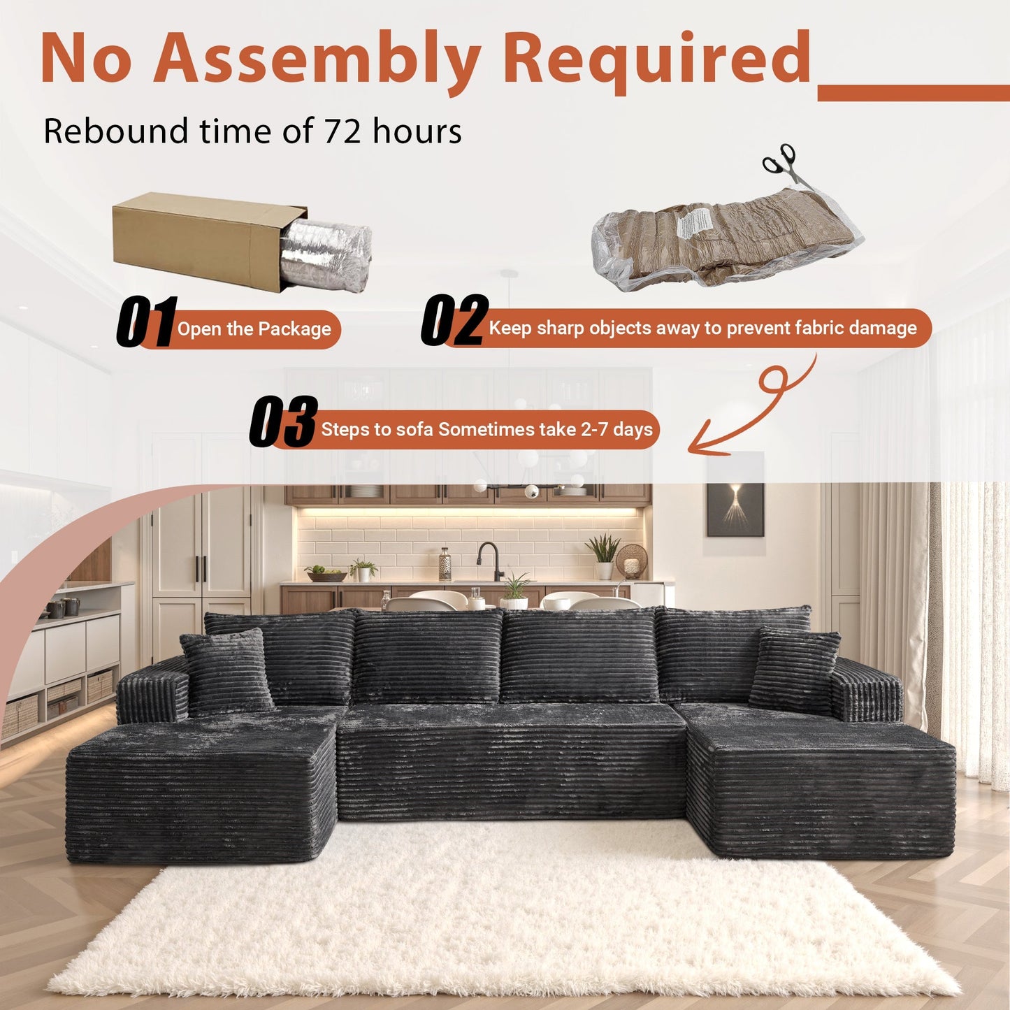 134" U-Shape Modular Couch , Plush Corduroy Fabric, No Assembly Required