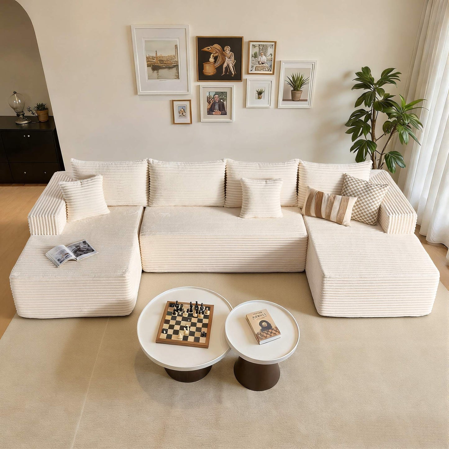 134" U-Shape Modular Couch , Plush Corduroy Fabric, No Assembly Required