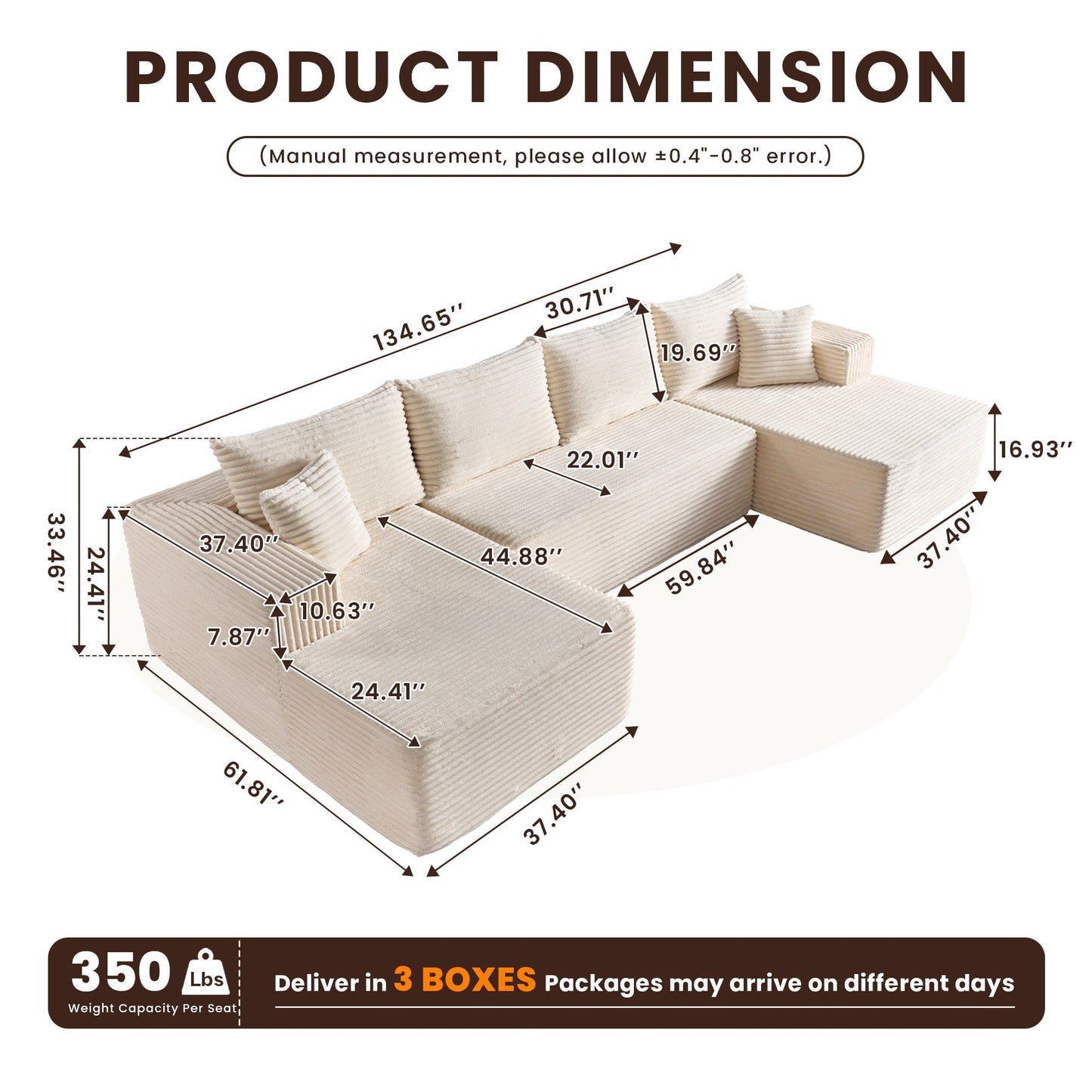 134" U-Shape Modular Couch , Plush Corduroy Fabric, No Assembly Required