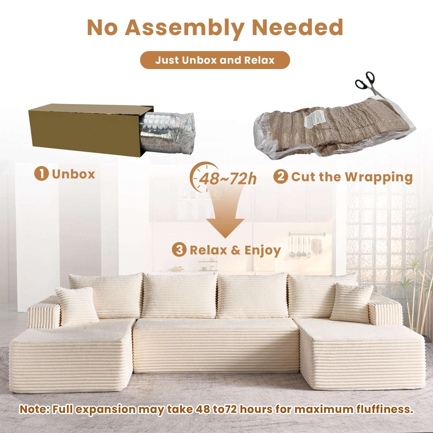 134" U-Shape Modular Couch , Plush Corduroy Fabric, No Assembly Required
