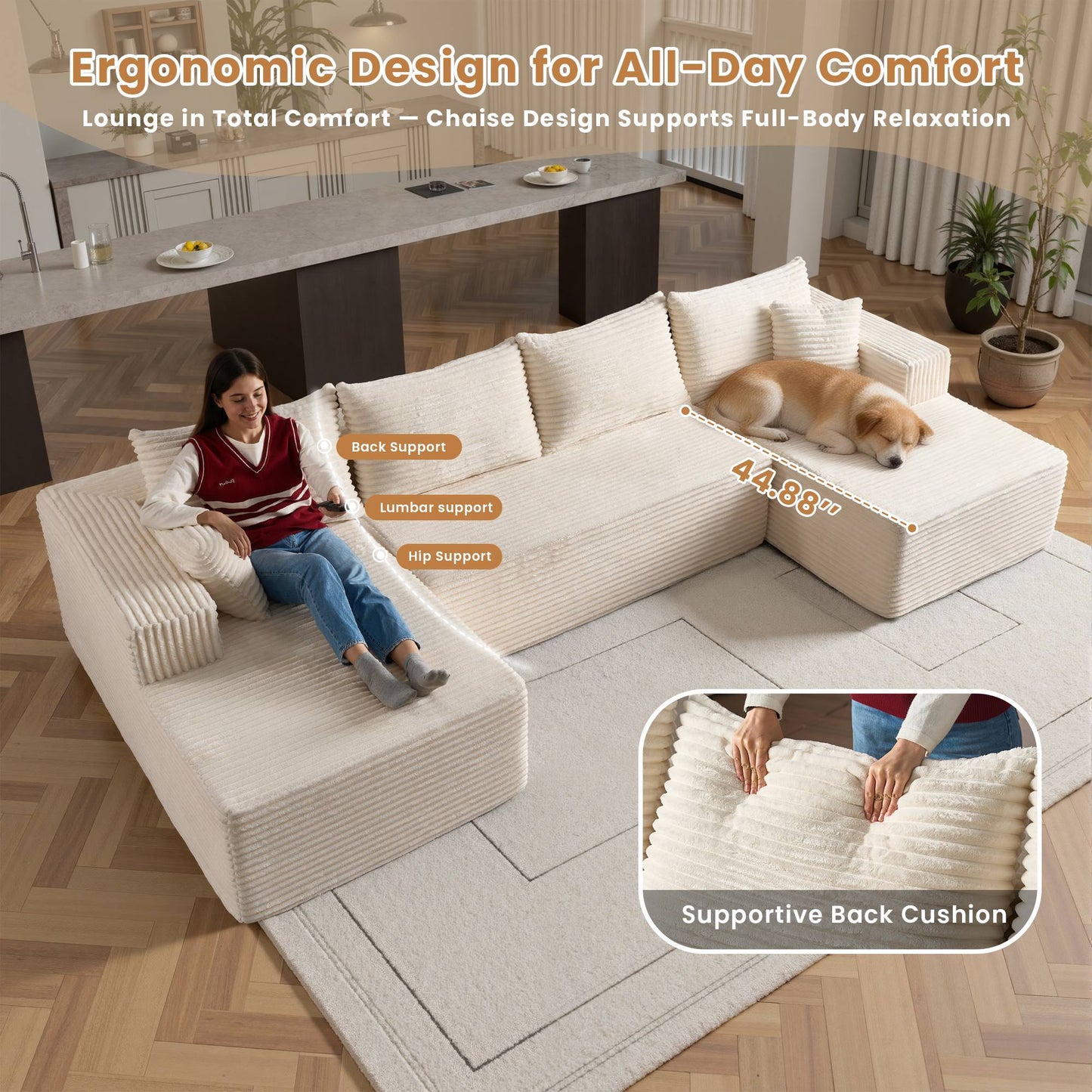 134" U-Shape Modular Couch , Plush Corduroy Fabric, No Assembly Required