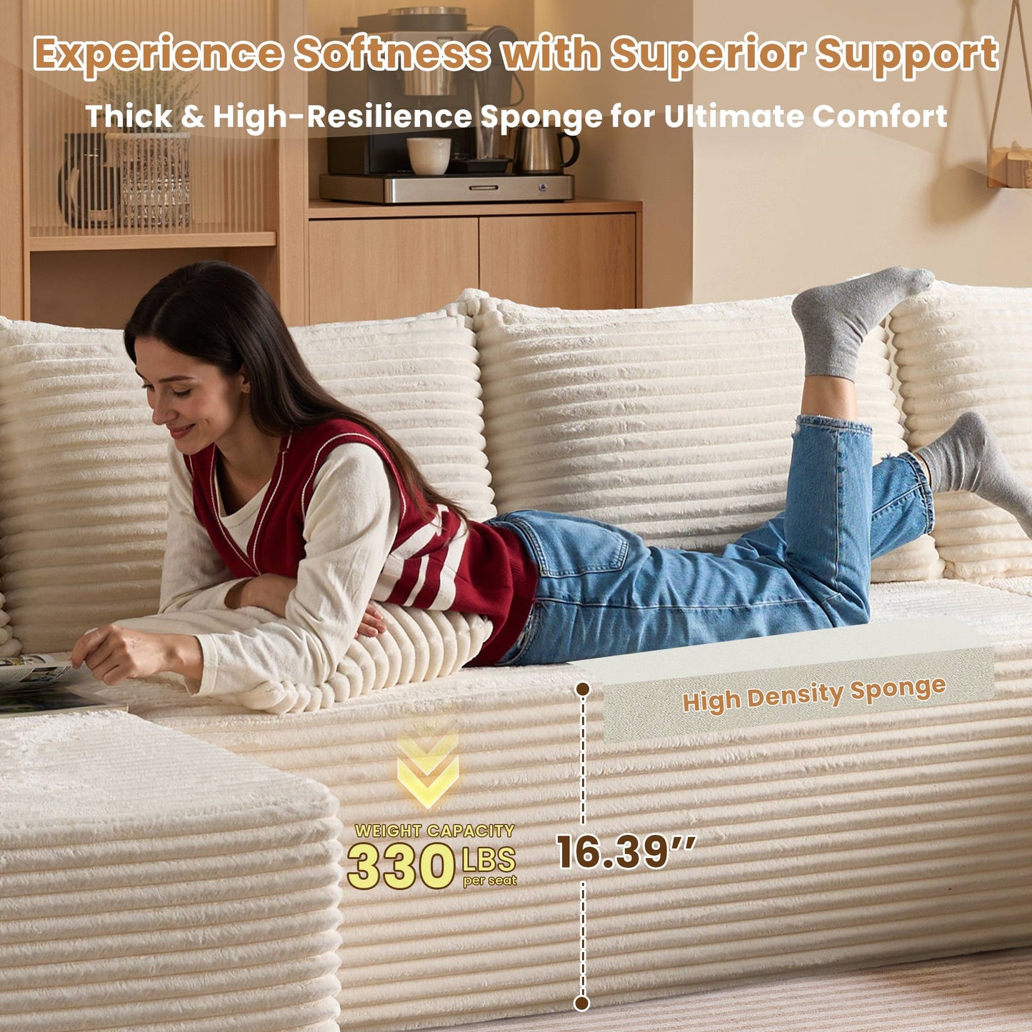 134" U-Shape Modular Couch , Plush Corduroy Fabric, No Assembly Required