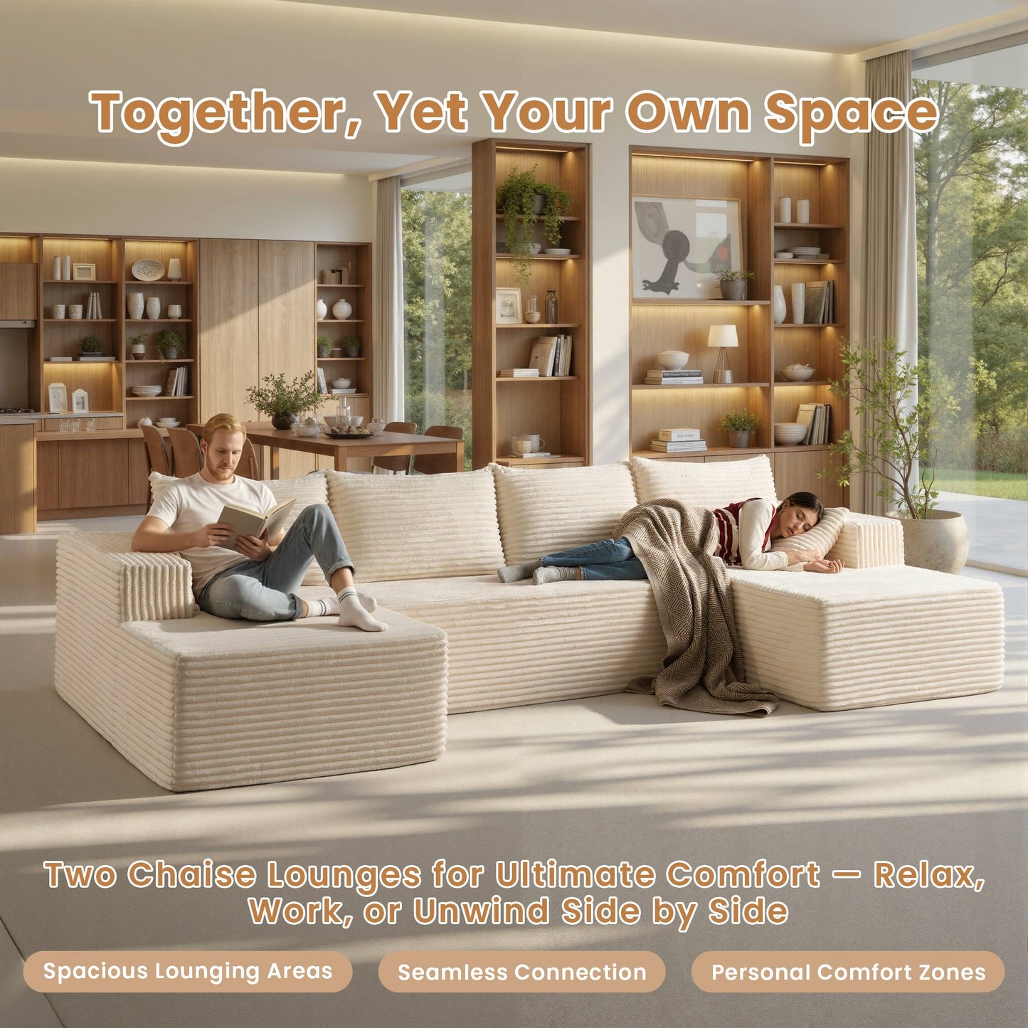 134" U-Shape Modular Couch , Plush Corduroy Fabric, No Assembly Required