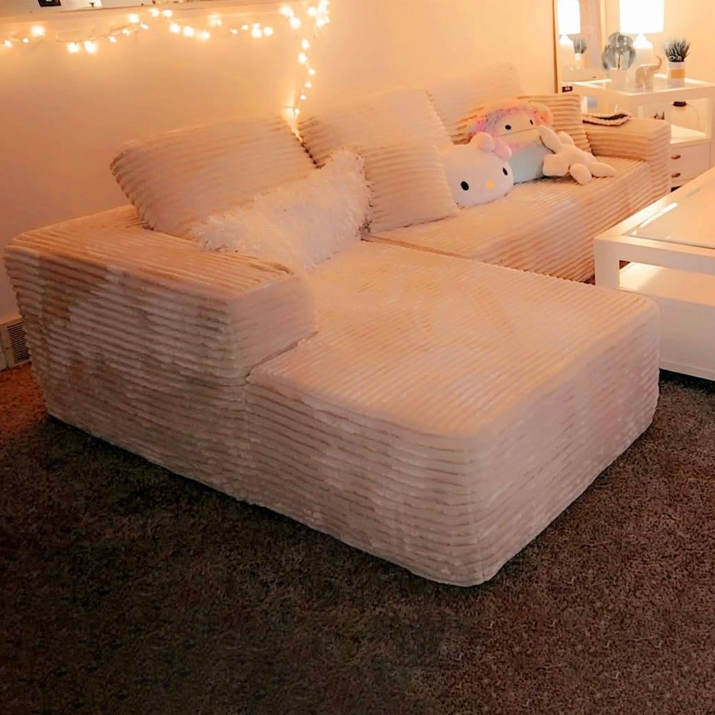 104" L-Shape Modular Couch with Chaise, Plush Corduroy Fabric, No Assembly Required