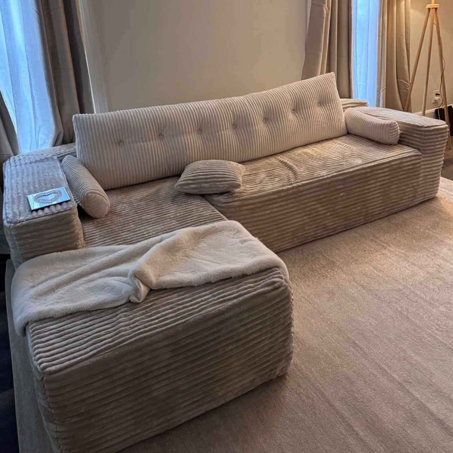 104" L-Shape Modular Couch with Chaise, Plush Corduroy Fabric, No Assembly Required