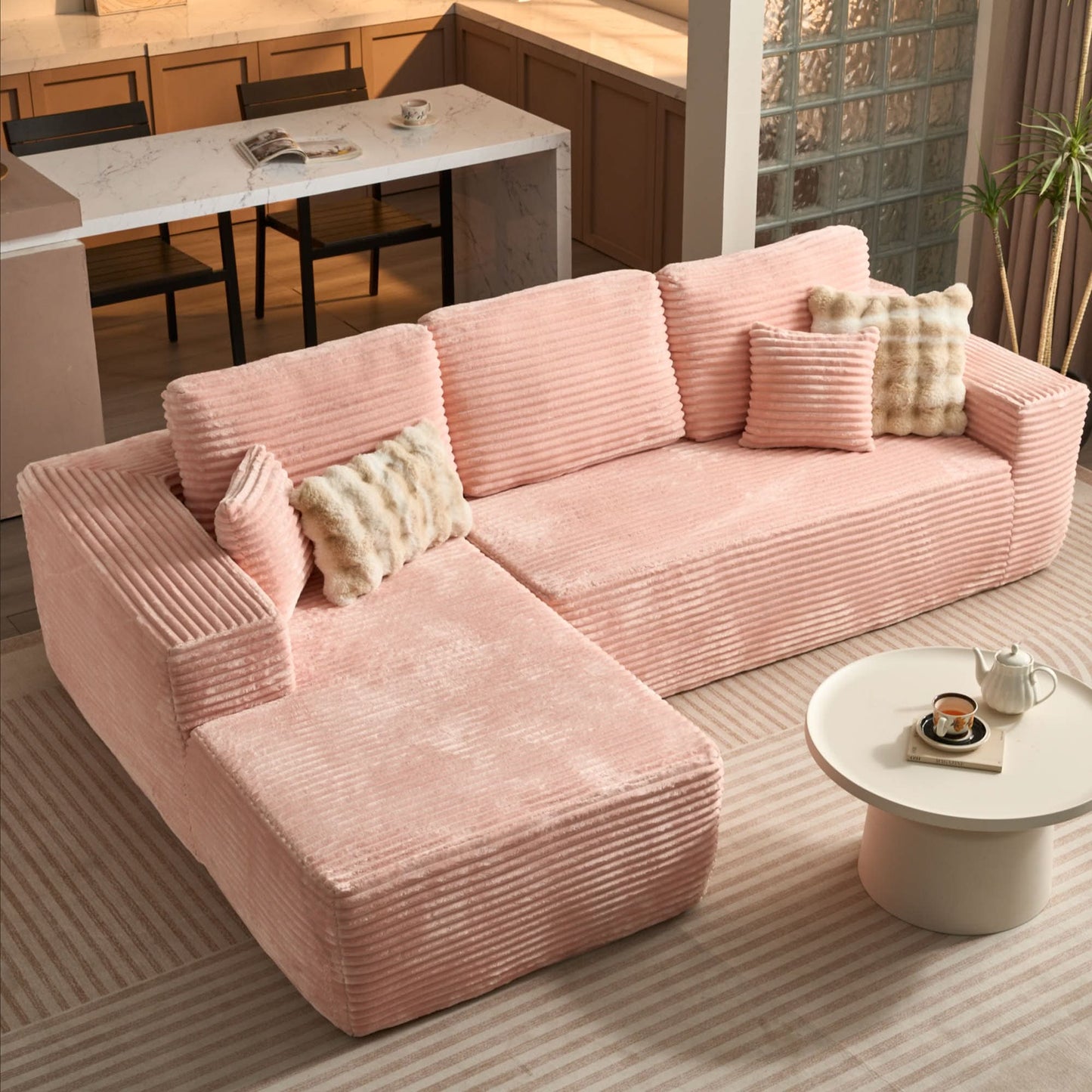 104" L-Shape Modular Couch with Chaise, Plush Corduroy Fabric, No Assembly Required