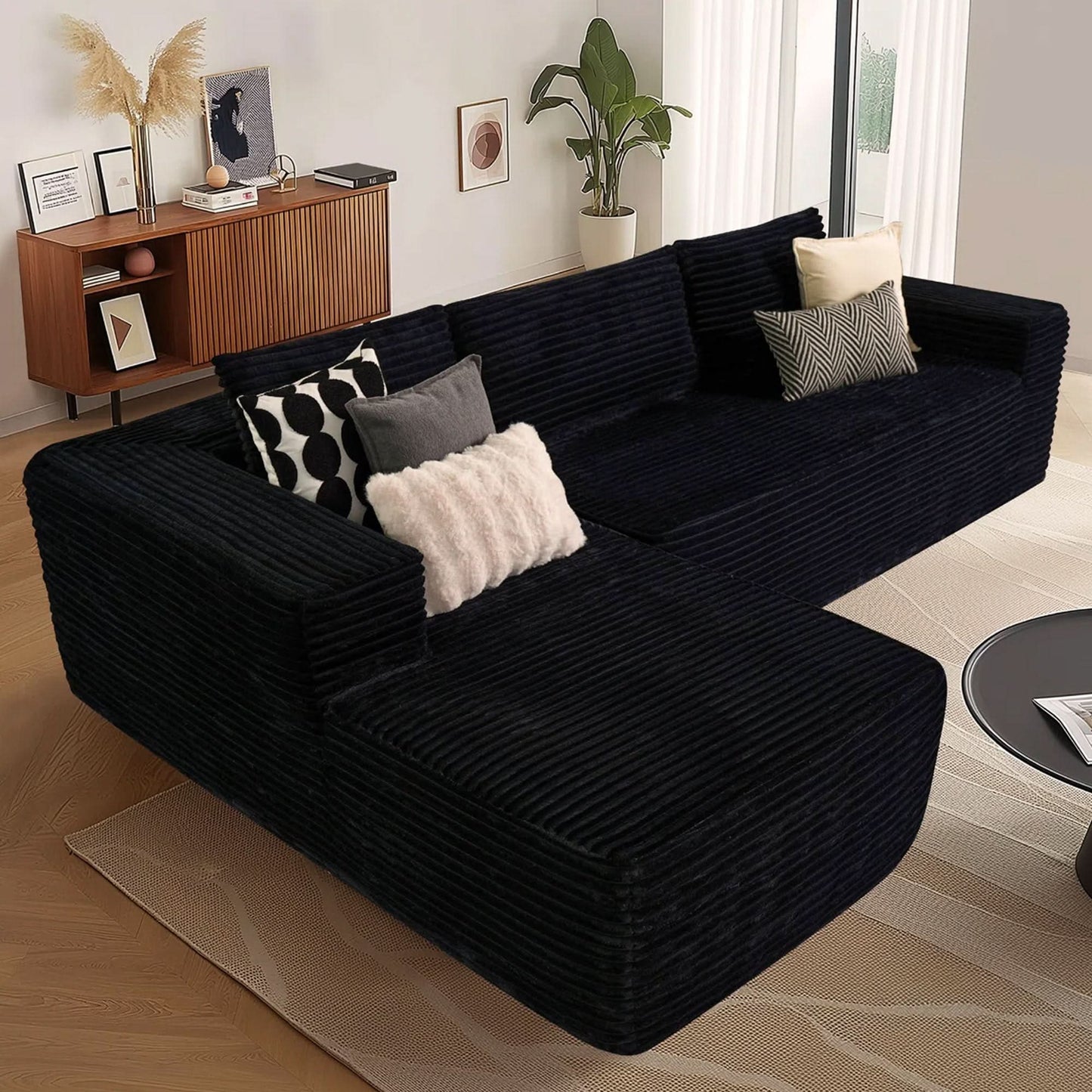 104" L-Shape Modular Couch with Chaise, Plush Corduroy Fabric, No Assembly Required