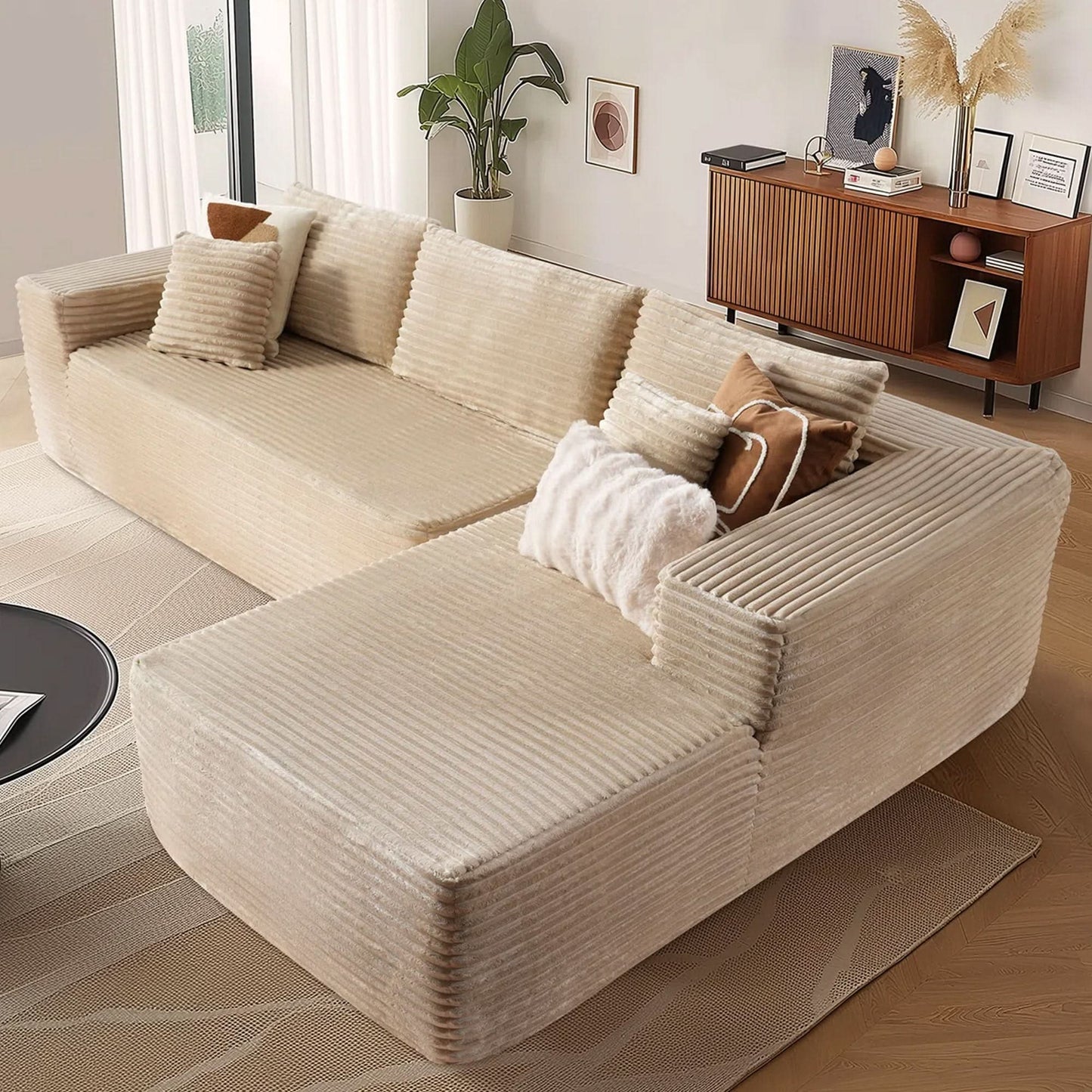 104" L-Shape Modular Couch with Chaise, Plush Corduroy Fabric, No Assembly Required