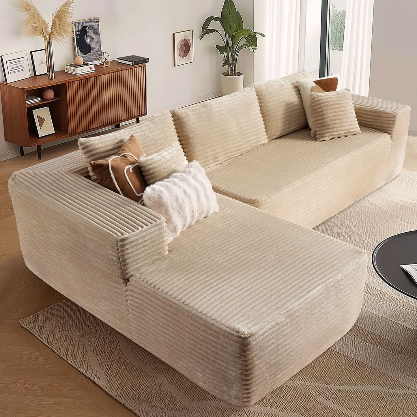 104" L-Shape Modular Couch with Chaise, Plush Corduroy Fabric, No Assembly Required