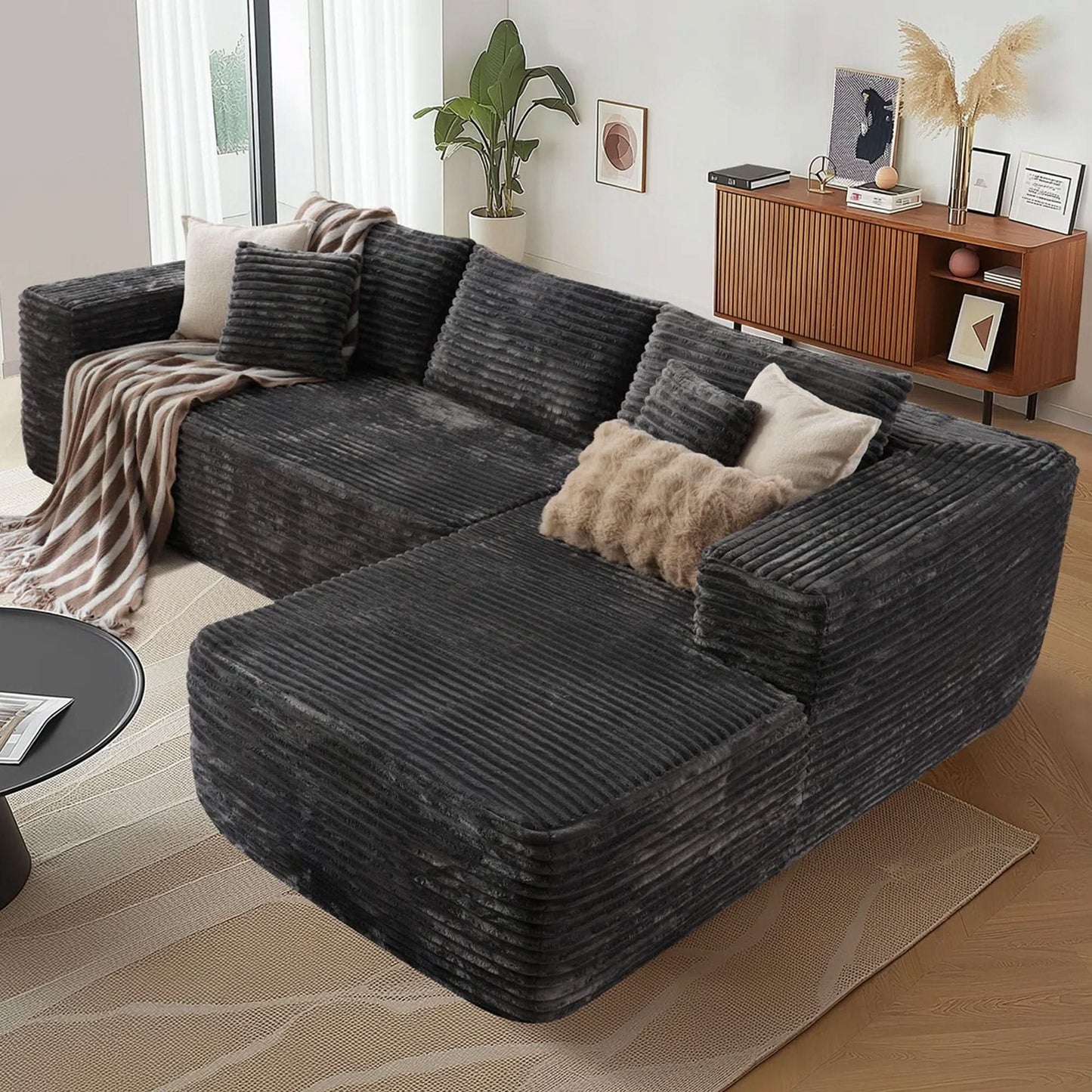 104" L-Shape Modular Couch with Chaise, Plush Corduroy Fabric, No Assembly Required