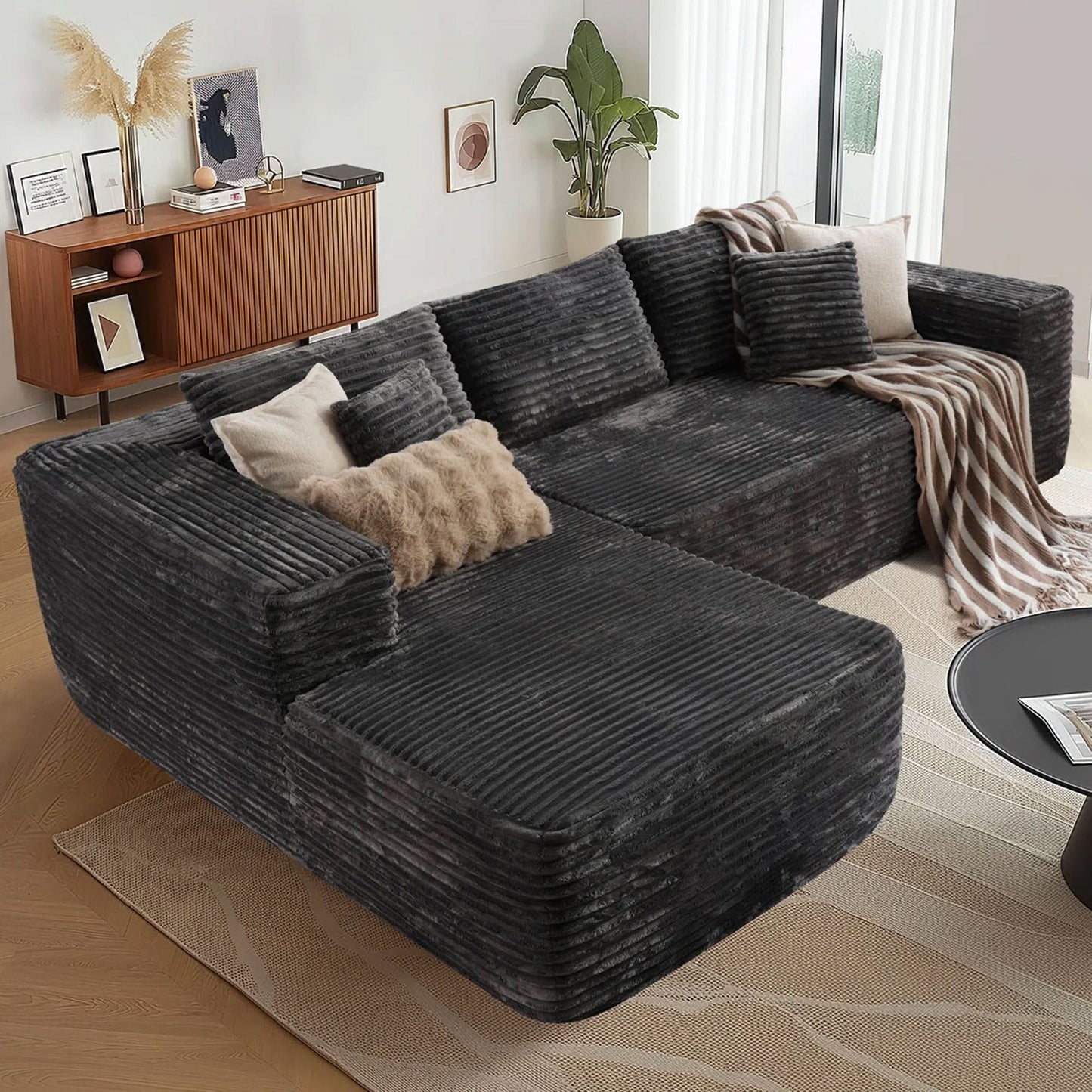 104" L-Shape Modular Couch with Chaise, Plush Corduroy Fabric, No Assembly Required