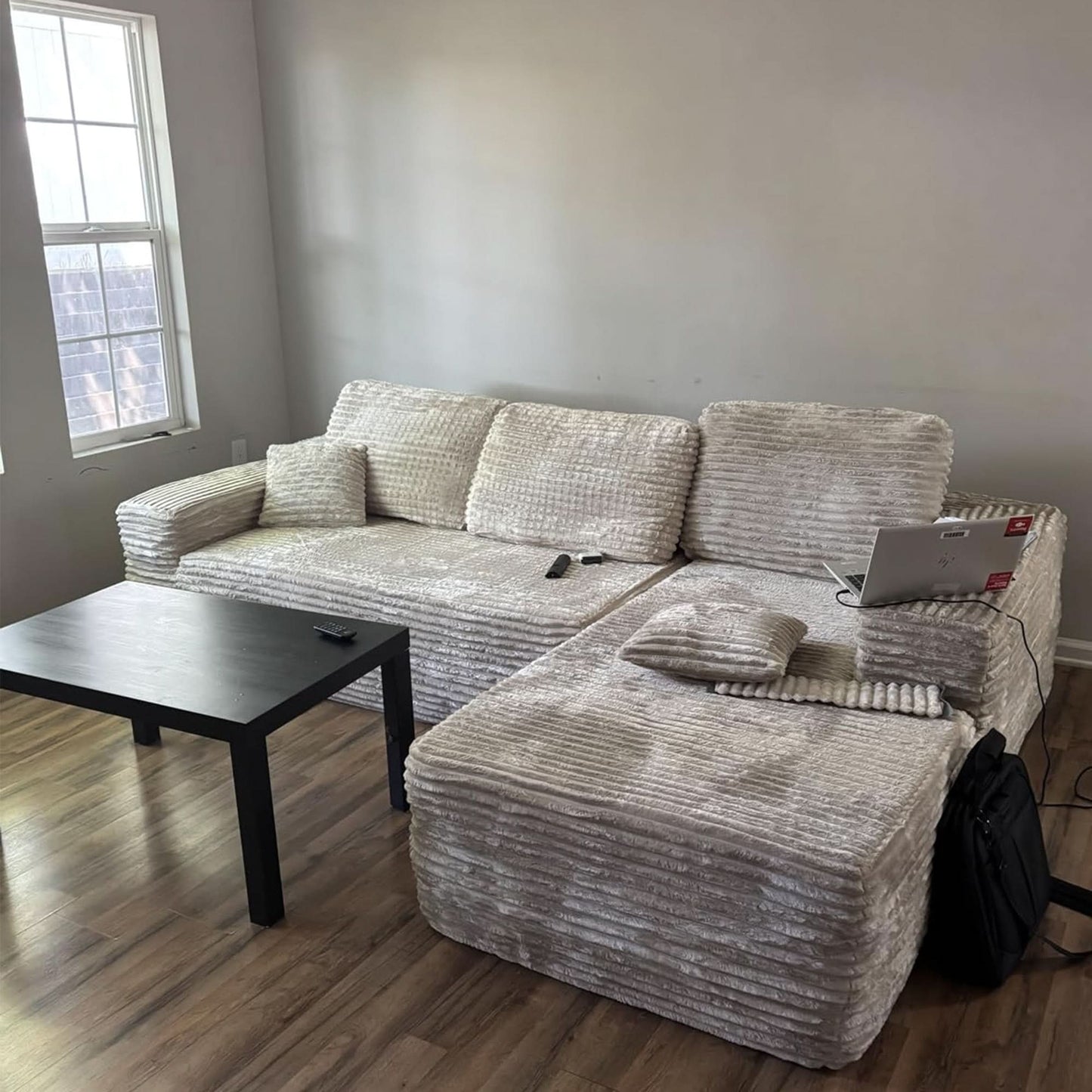 104" L-Shape Modular Couch with Chaise, Plush Corduroy Fabric, No Assembly Required