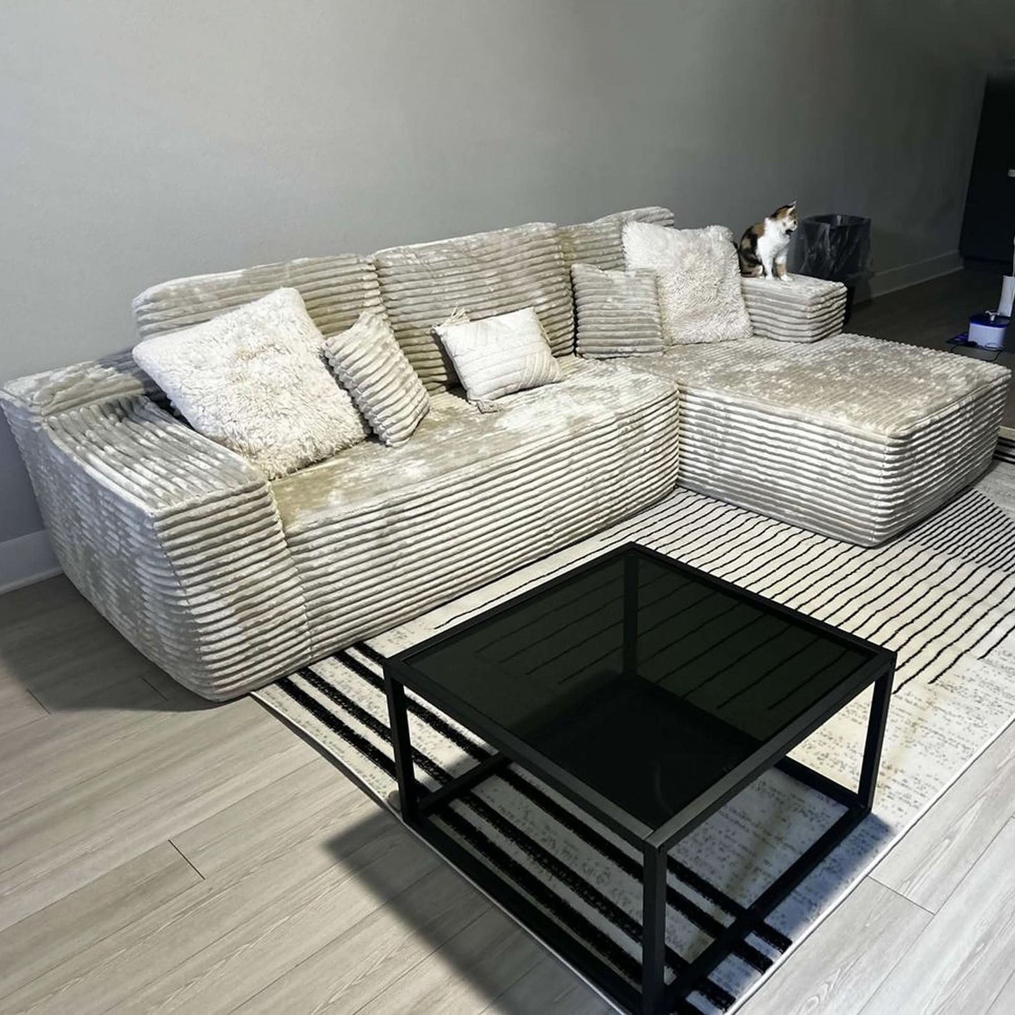 104" L-Shape Modular Couch with Chaise, Plush Corduroy Fabric, No Assembly Required