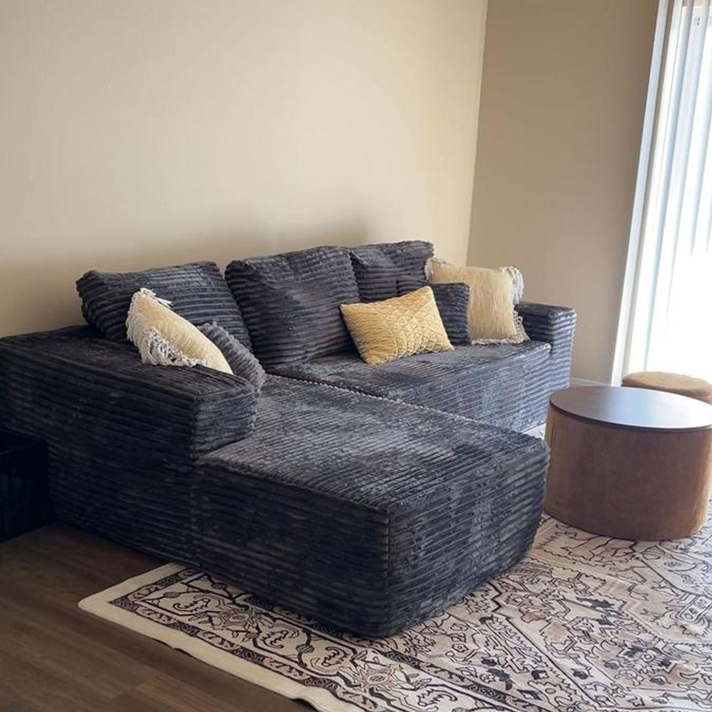 104" L-Shape Modular Couch with Chaise, Plush Corduroy Fabric, No Assembly Required