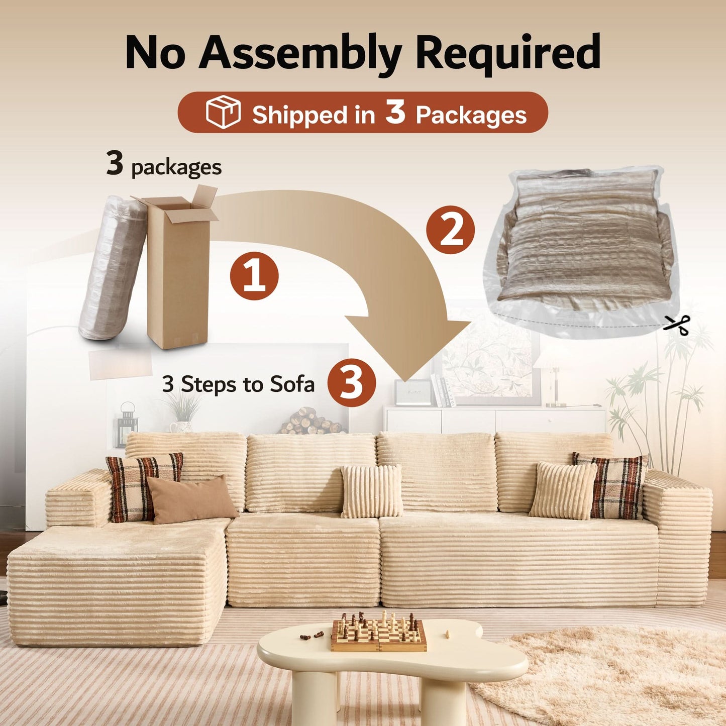 Modular Sectional Cloud Couch, Plush Corduroy Sofa with Memory Foam, No Assembly