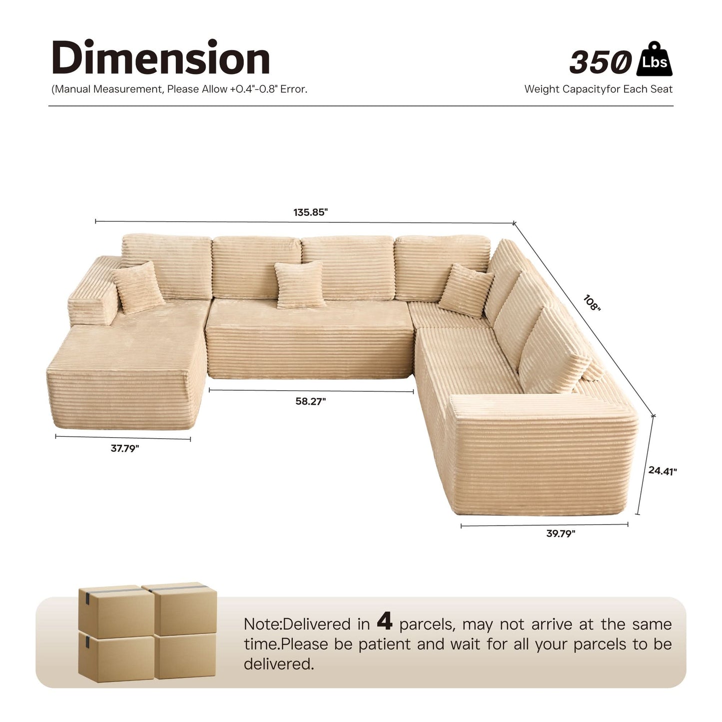 Modular Sectional Cloud Couch, Plush Corduroy Sofa with Memory Foam, No Assembly