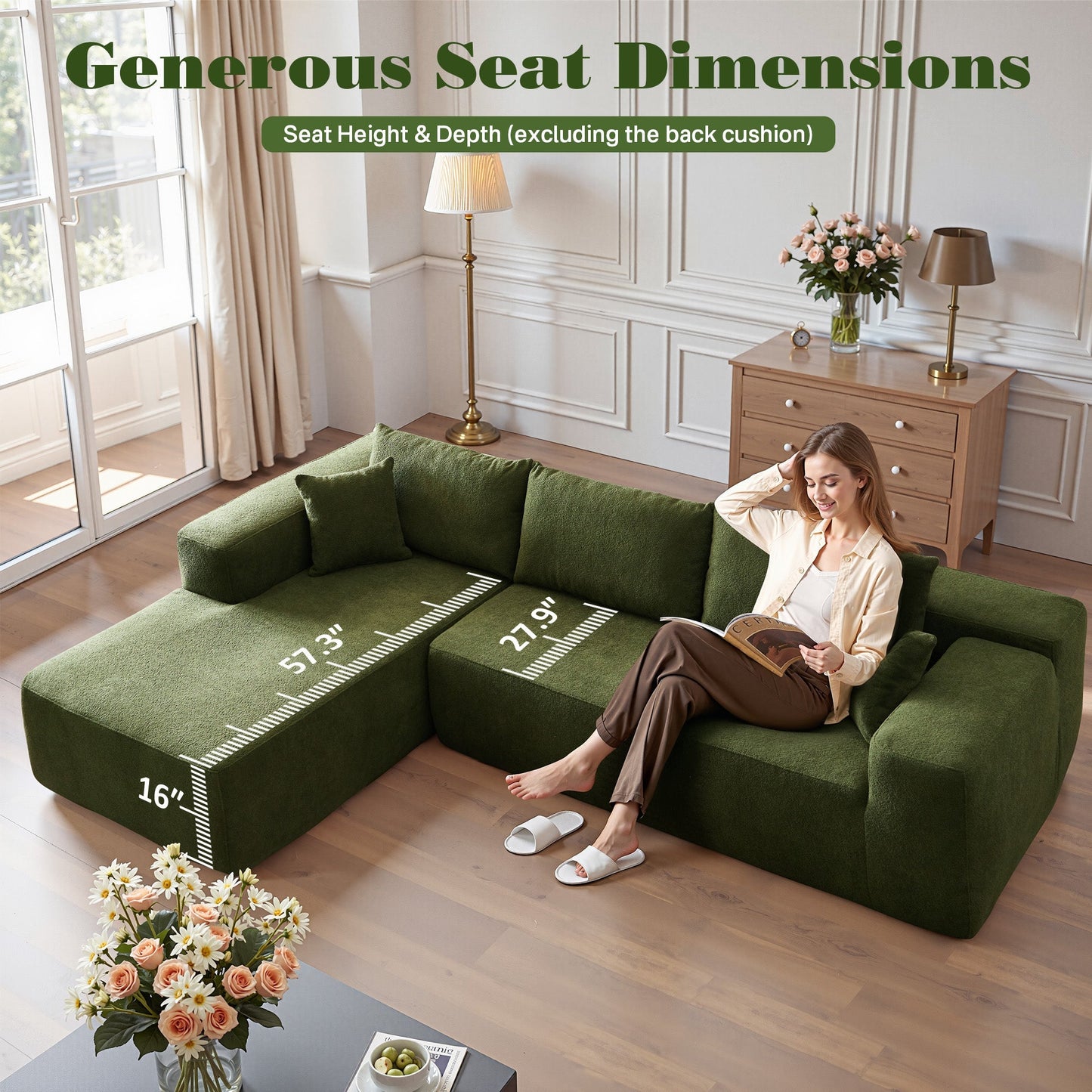 104" L-Shape Modular Couch with Chaise, Plush Corduroy Fabric, No Assembly Required