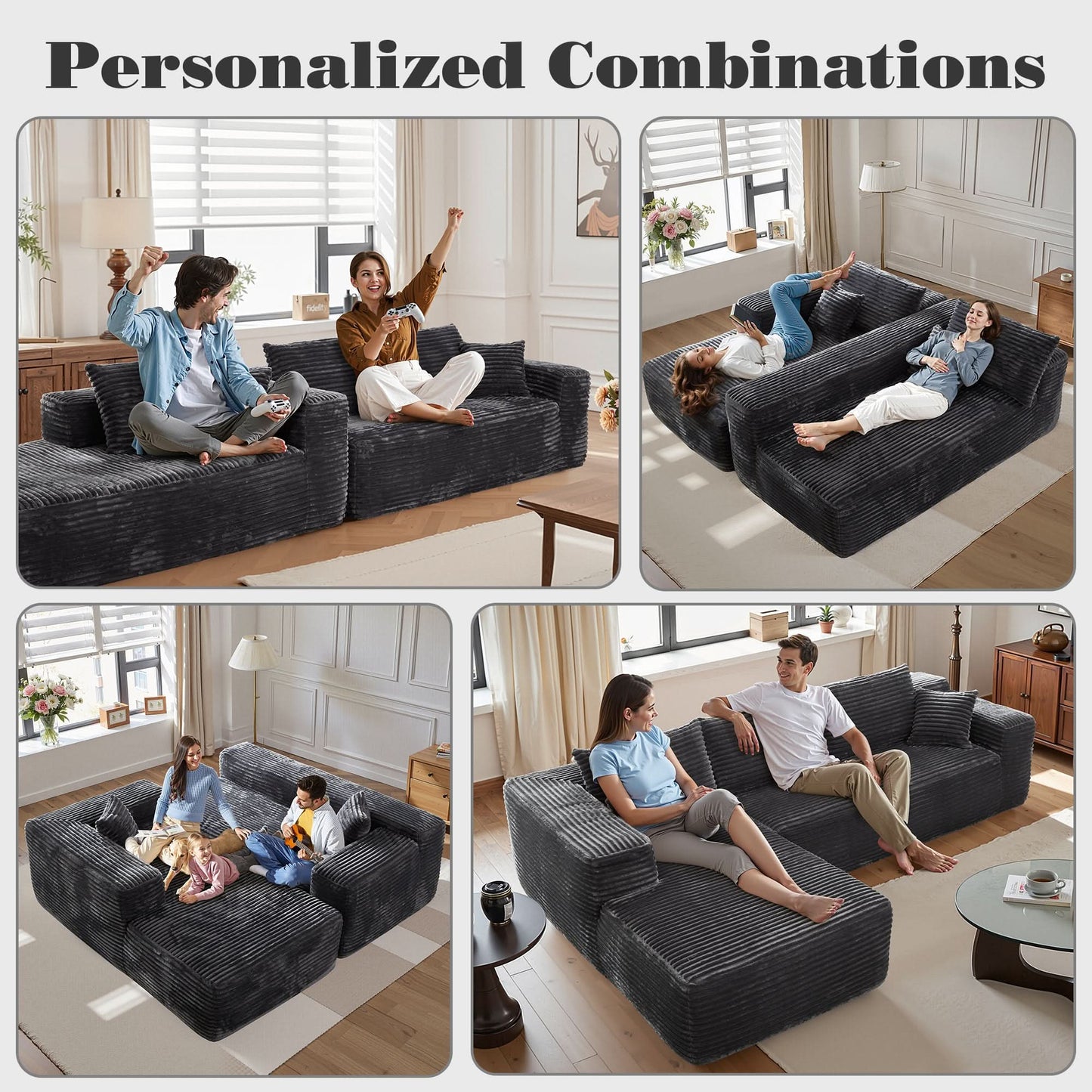 104" L-Shape Modular Couch with Chaise, Plush Corduroy Fabric, No Assembly Required
