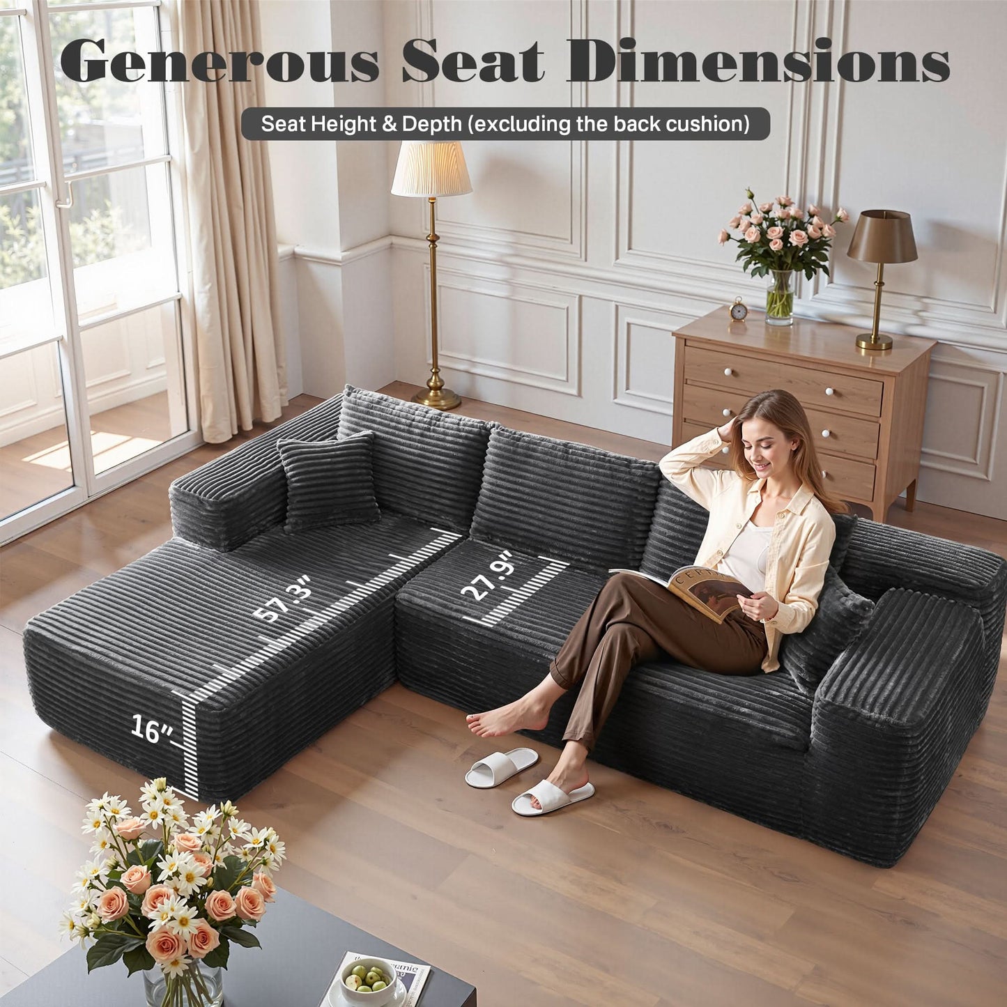 104" L-Shape Modular Couch with Chaise, Plush Corduroy Fabric, No Assembly Required