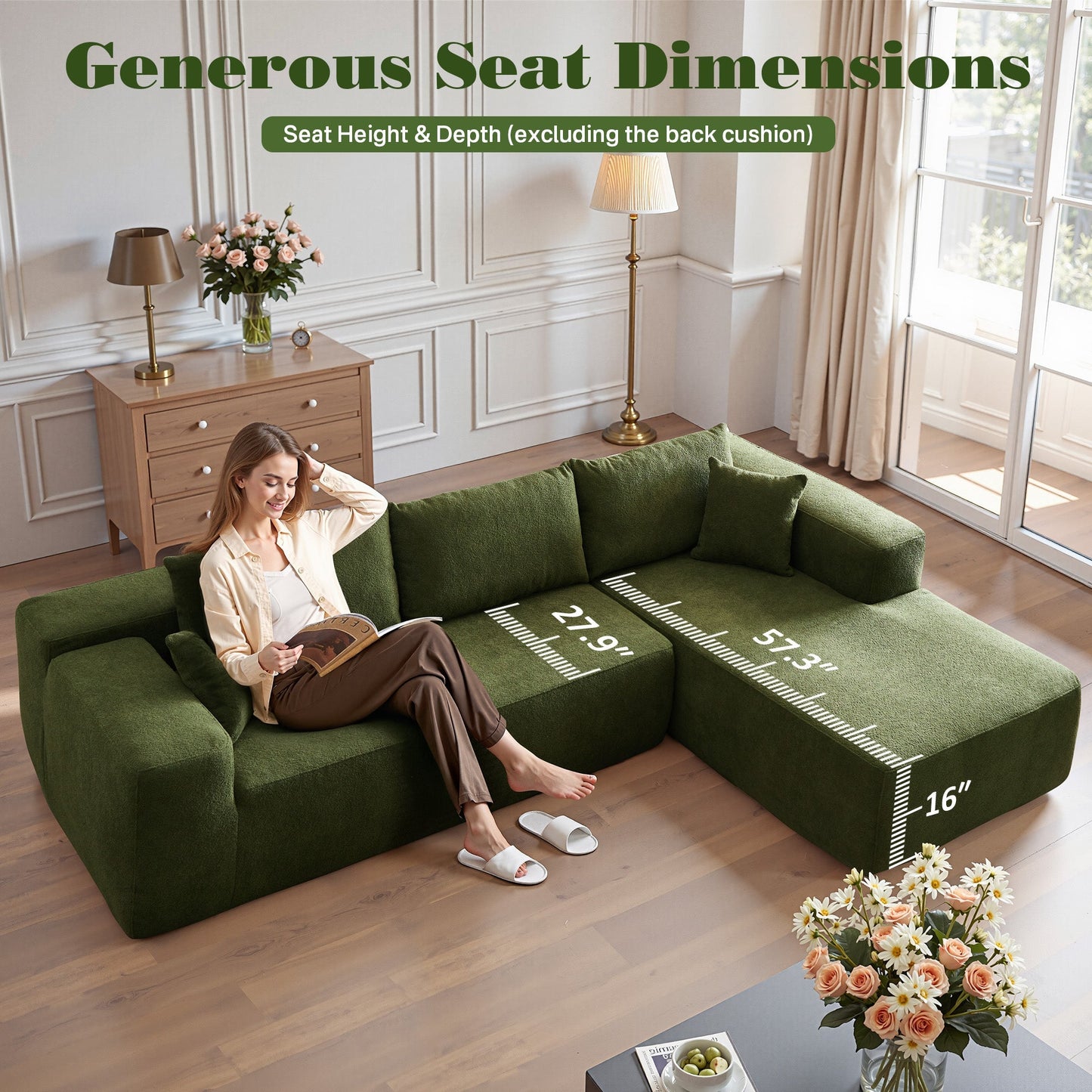 104" L-Shape Modular Couch with Chaise, Plush Corduroy Fabric, No Assembly Required