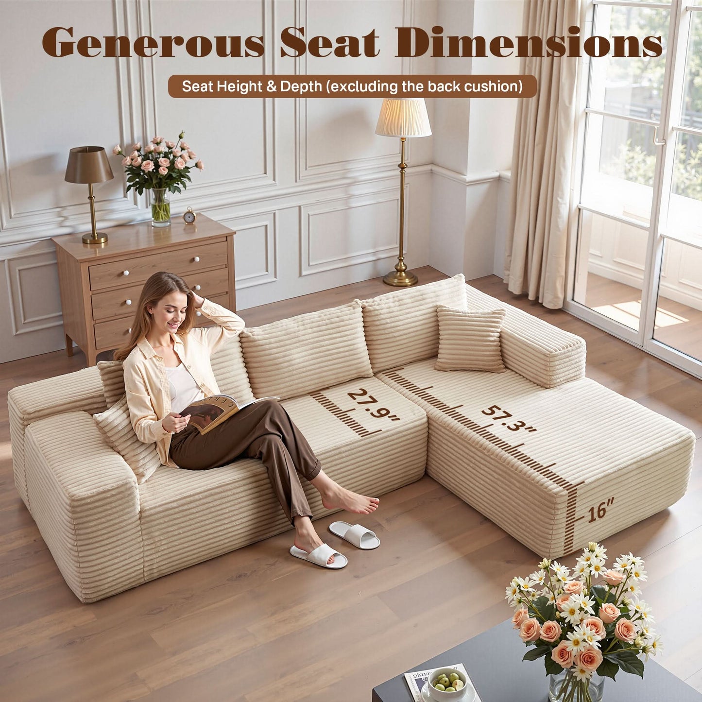 104" L-Shape Modular Couch with Chaise, Plush Corduroy Fabric, No Assembly Required