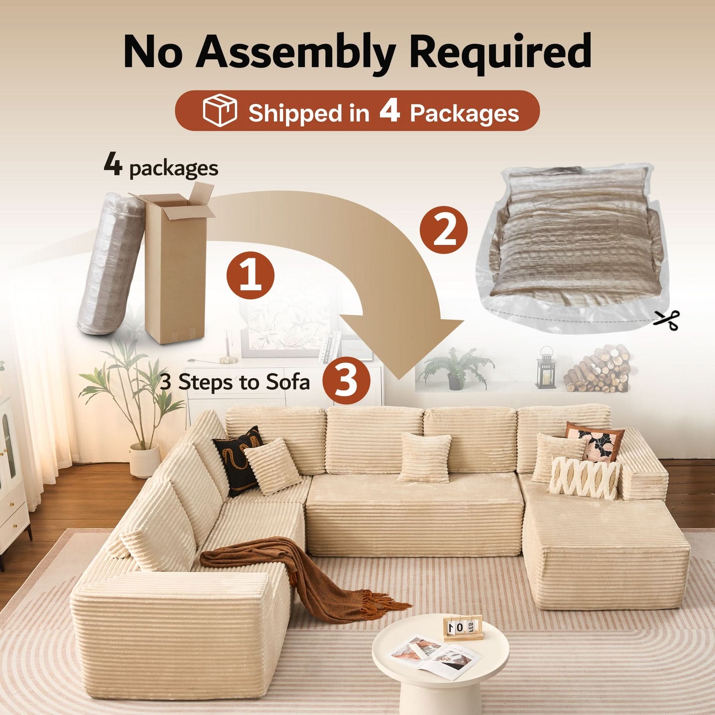 Modular Sectional Cloud Couch, Plush Corduroy Sofa with Memory Foam, No Assembly