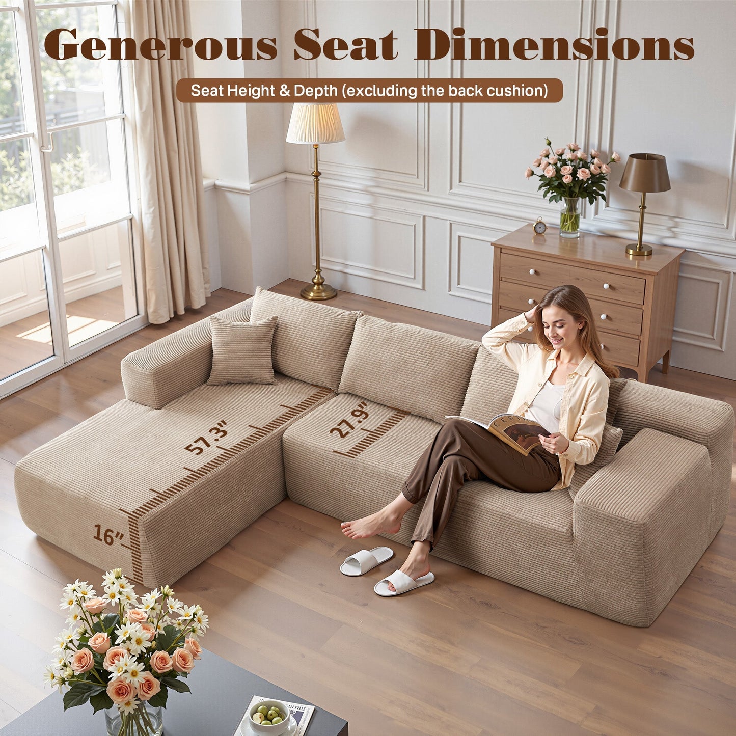 104" L-Shape Modular Couch with Chaise,Corduroy Fabric,No Assembly Required