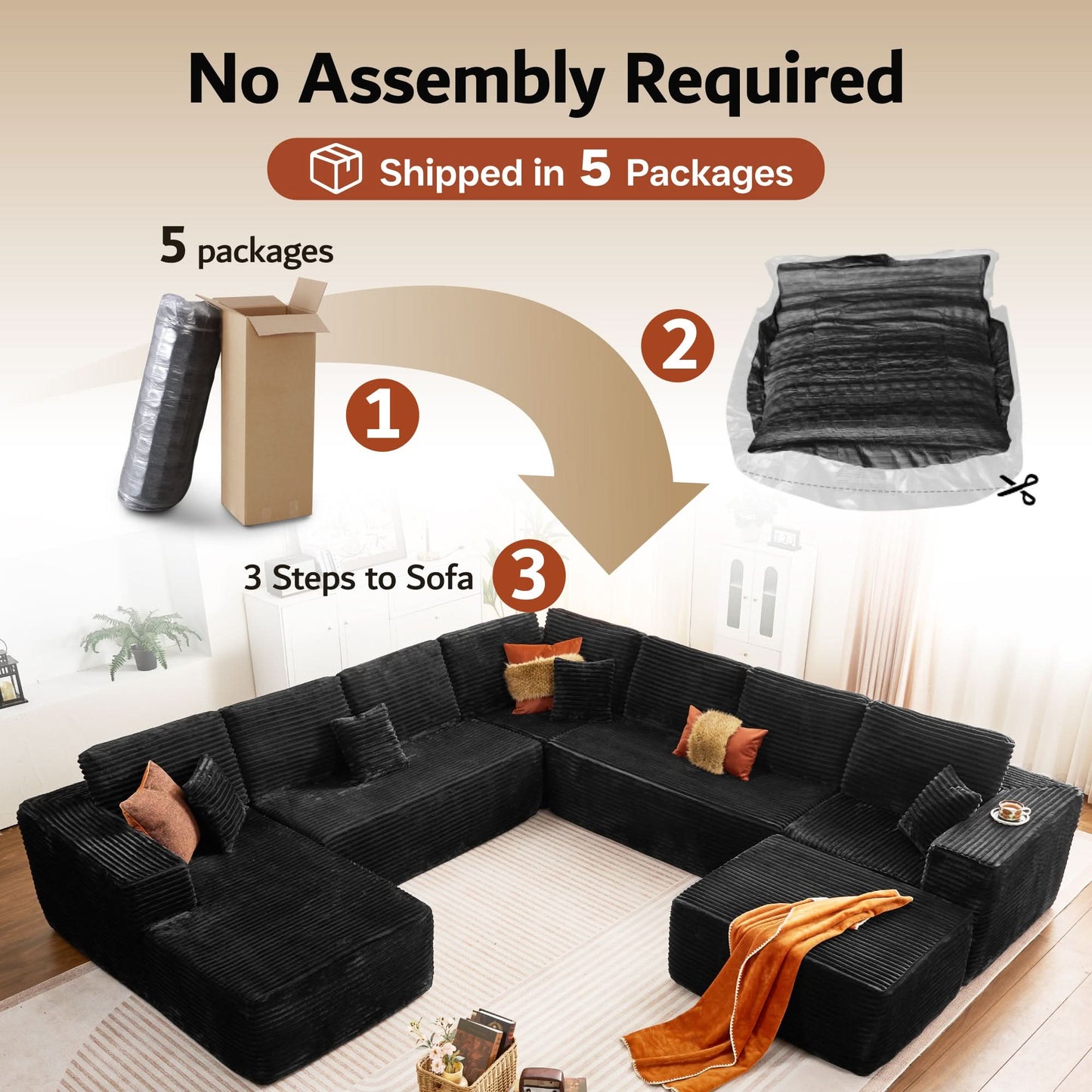 Modular Sectional Cloud Couch, Plush Corduroy Sofa with Memory Foam, No Assembly