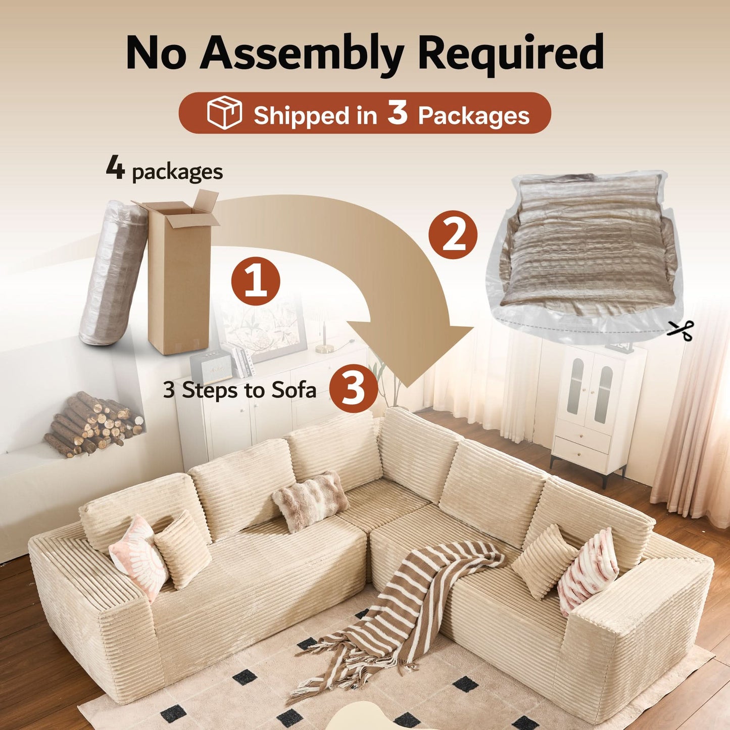 Modular Sectional Cloud Couch, Plush Corduroy Sofa with Memory Foam, No Assembly