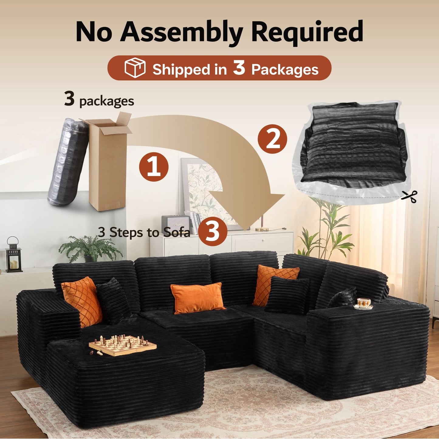 Modular Sectional Cloud Couch, Plush Corduroy Sofa with Memory Foam, No Assembly
