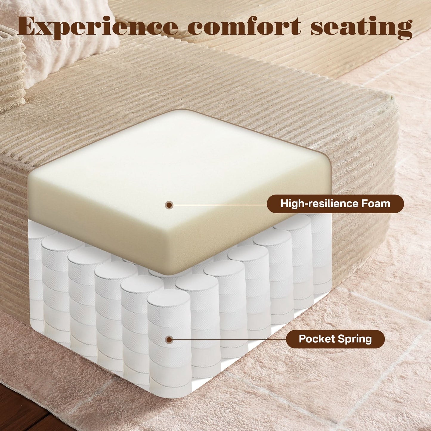 104" L-Shape Modular Couch with Chaise, Plush Corduroy Fabric, No Assembly Required