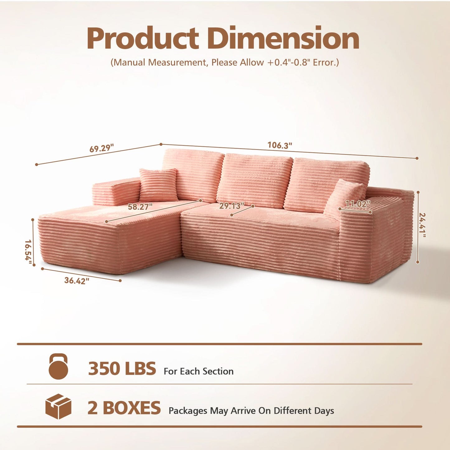 104" L-Shape Modular Couch with Chaise, Plush Corduroy Fabric, No Assembly Required