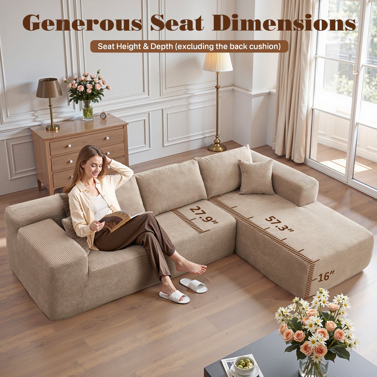 104" L-Shape Modular Couch with Chaise,Corduroy Fabric,No Assembly Required