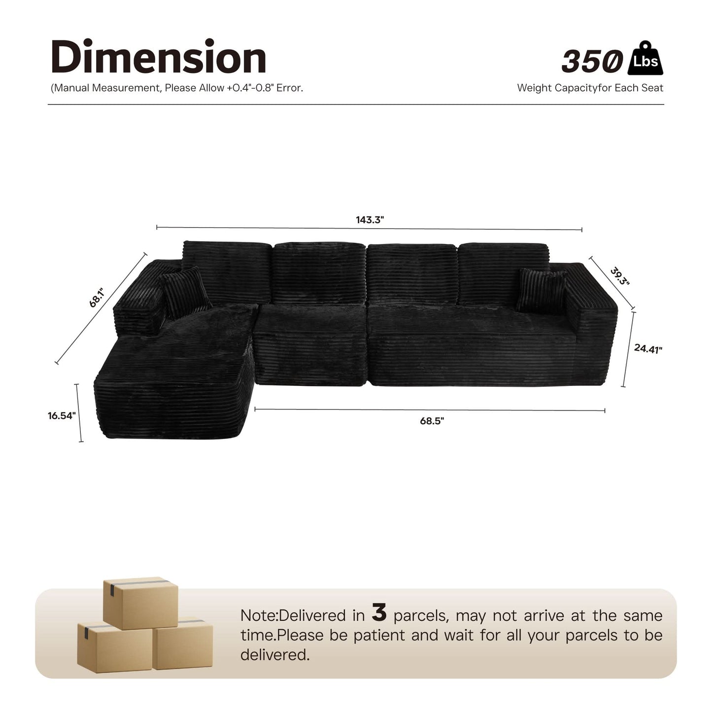 Modular Sectional Cloud Couch, Plush Corduroy Sofa with Memory Foam, No Assembly