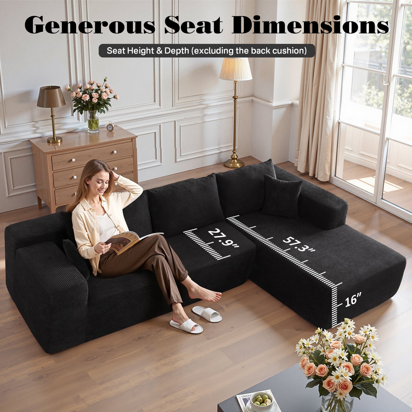 104" L-Shape Modular Couch with Chaise,Corduroy Fabric,No Assembly Required