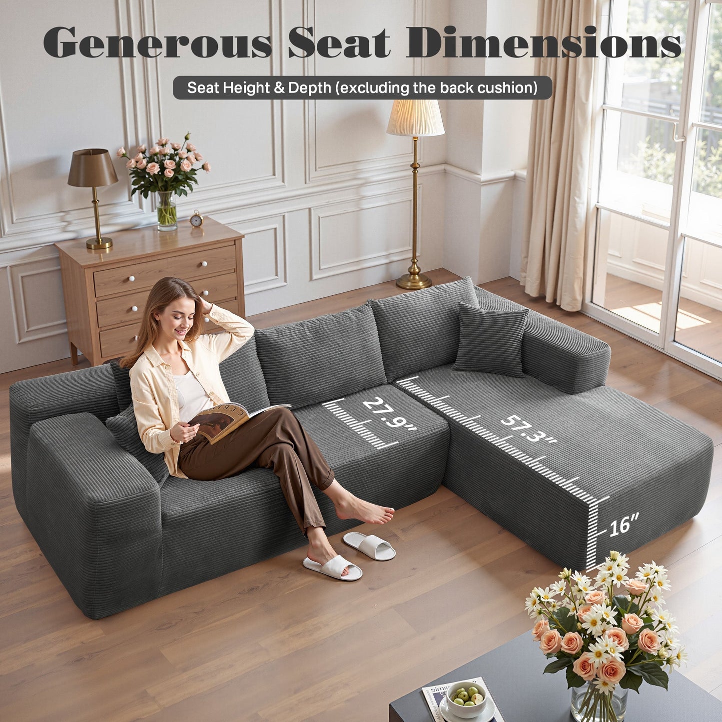 104" L-Shape Modular Couch with Chaise,Corduroy Fabric,No Assembly Required