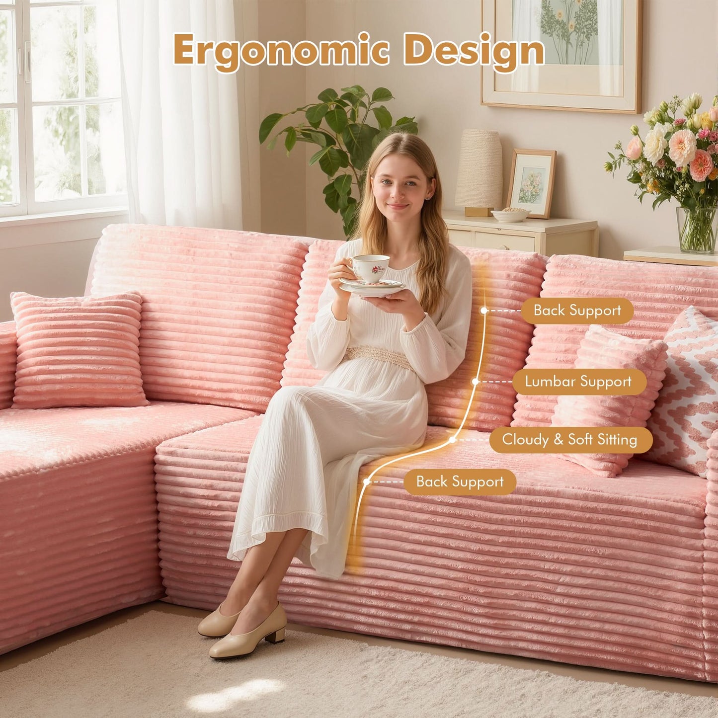 104" L-Shape Modular Couch with Chaise, Plush Corduroy Fabric, No Assembly Required