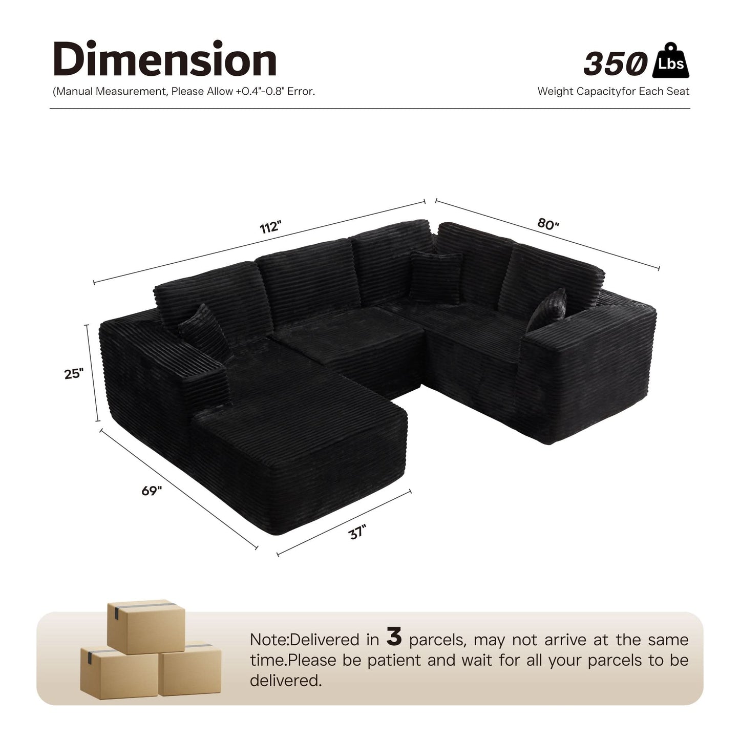 Modular Sectional Cloud Couch, Plush Corduroy Sofa with Memory Foam, No Assembly