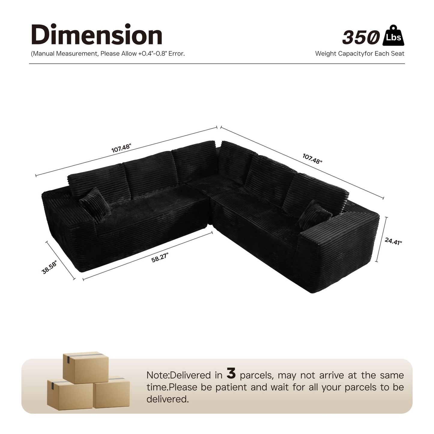 Modular Sectional Cloud Couch, Plush Corduroy Sofa with Memory Foam, No Assembly