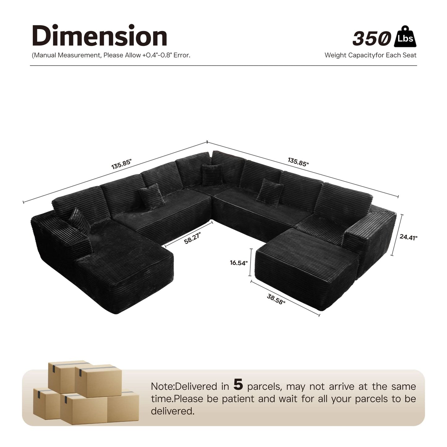 Modular Sectional Cloud Couch, Plush Corduroy Sofa with Memory Foam, No Assembly