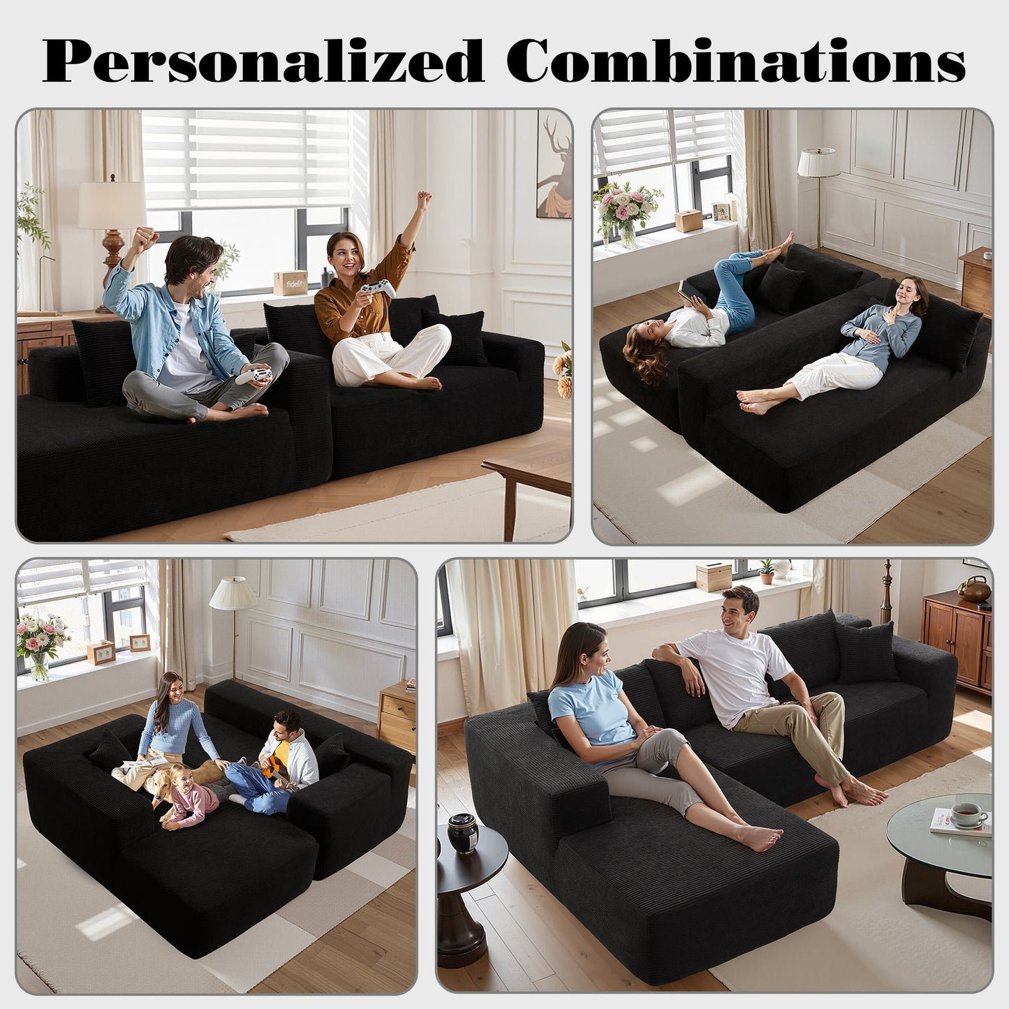 104" L-Shape Modular Couch with Chaise, Plush Corduroy Fabric, No Assembly Required