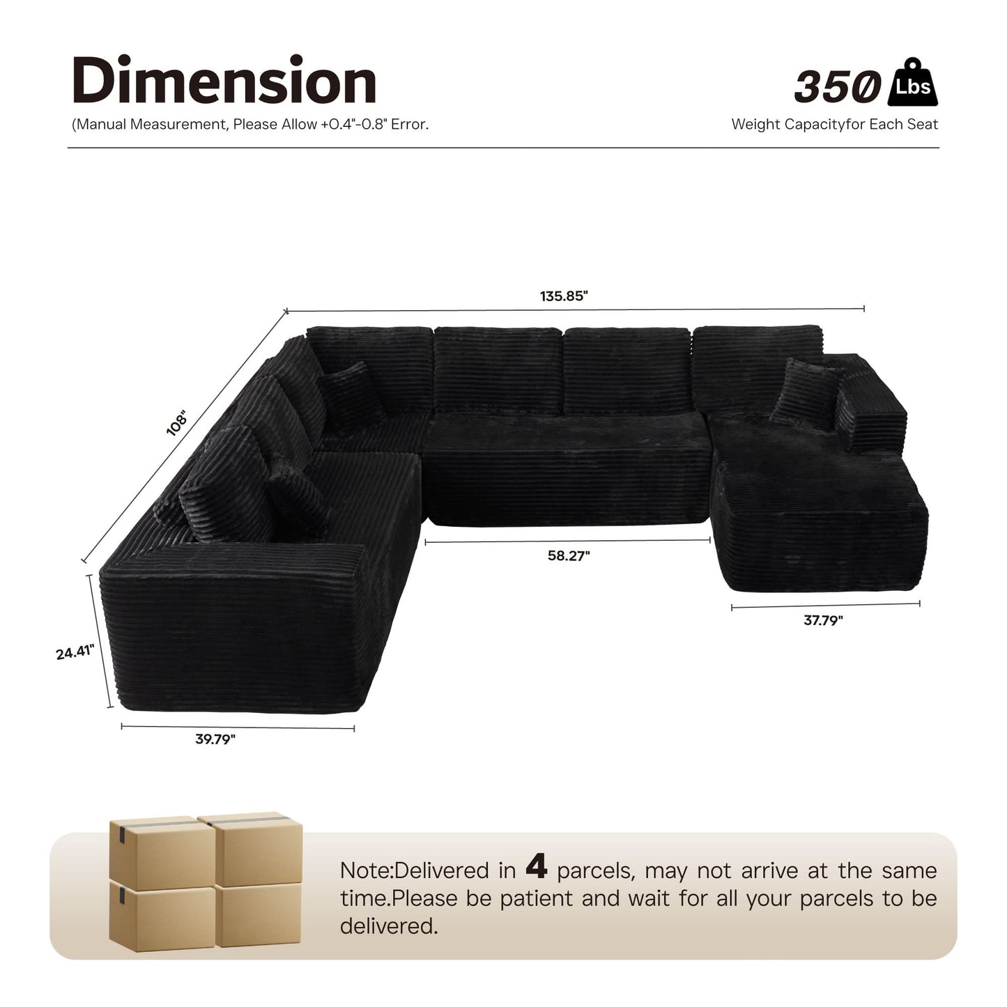 Modular Sectional Cloud Couch, Plush Corduroy Sofa with Memory Foam, No Assembly