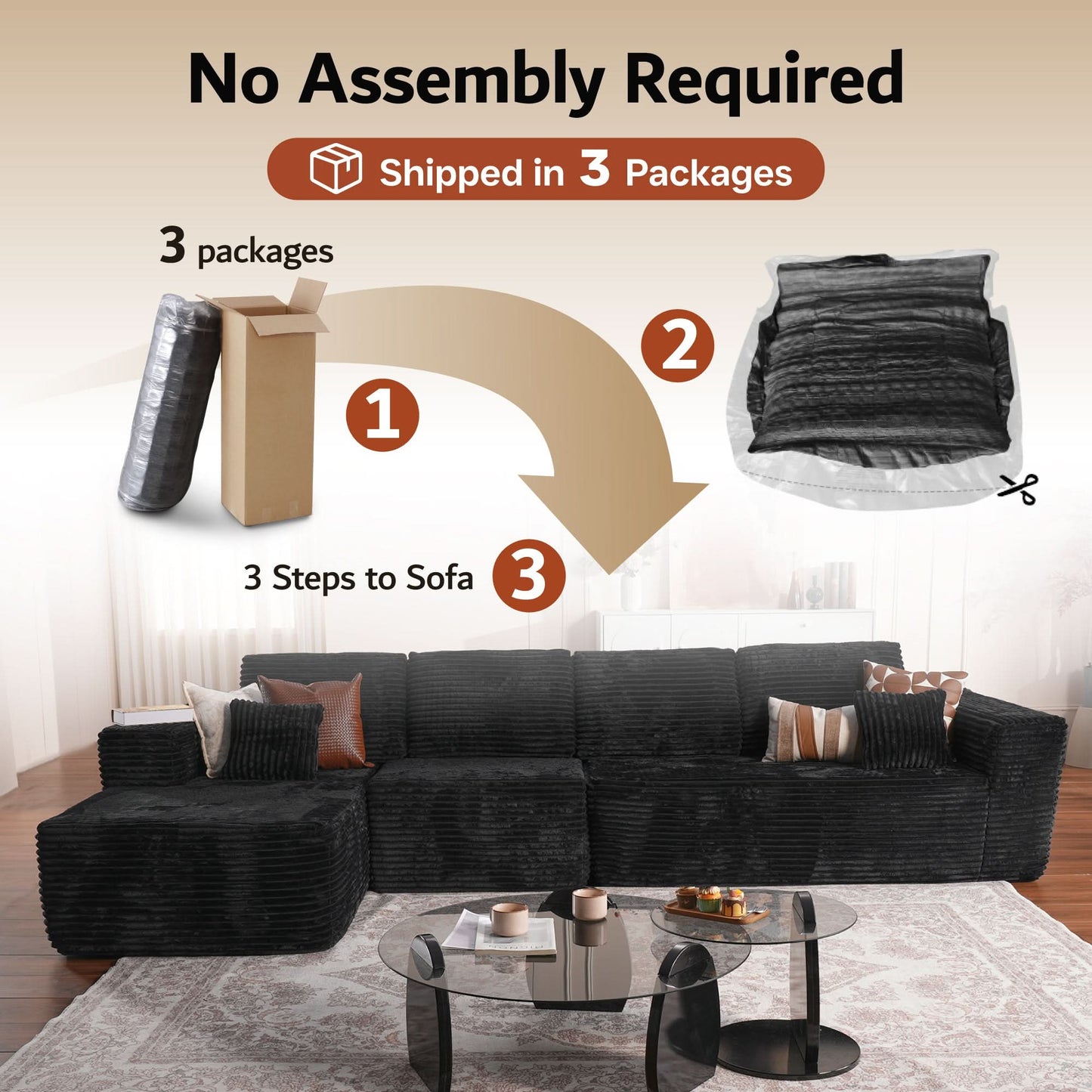 Modular Sectional Cloud Couch, Plush Corduroy Sofa with Memory Foam, No Assembly