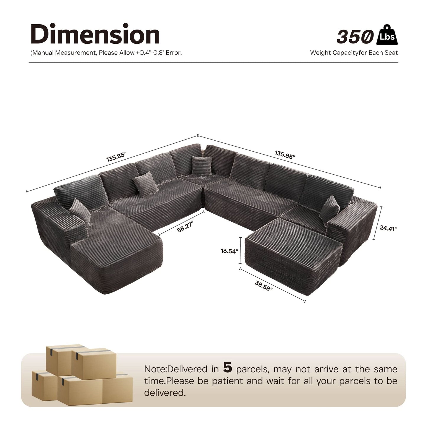 Modular Sectional Cloud Couch, Plush Corduroy Sofa with Memory Foam, No Assembly