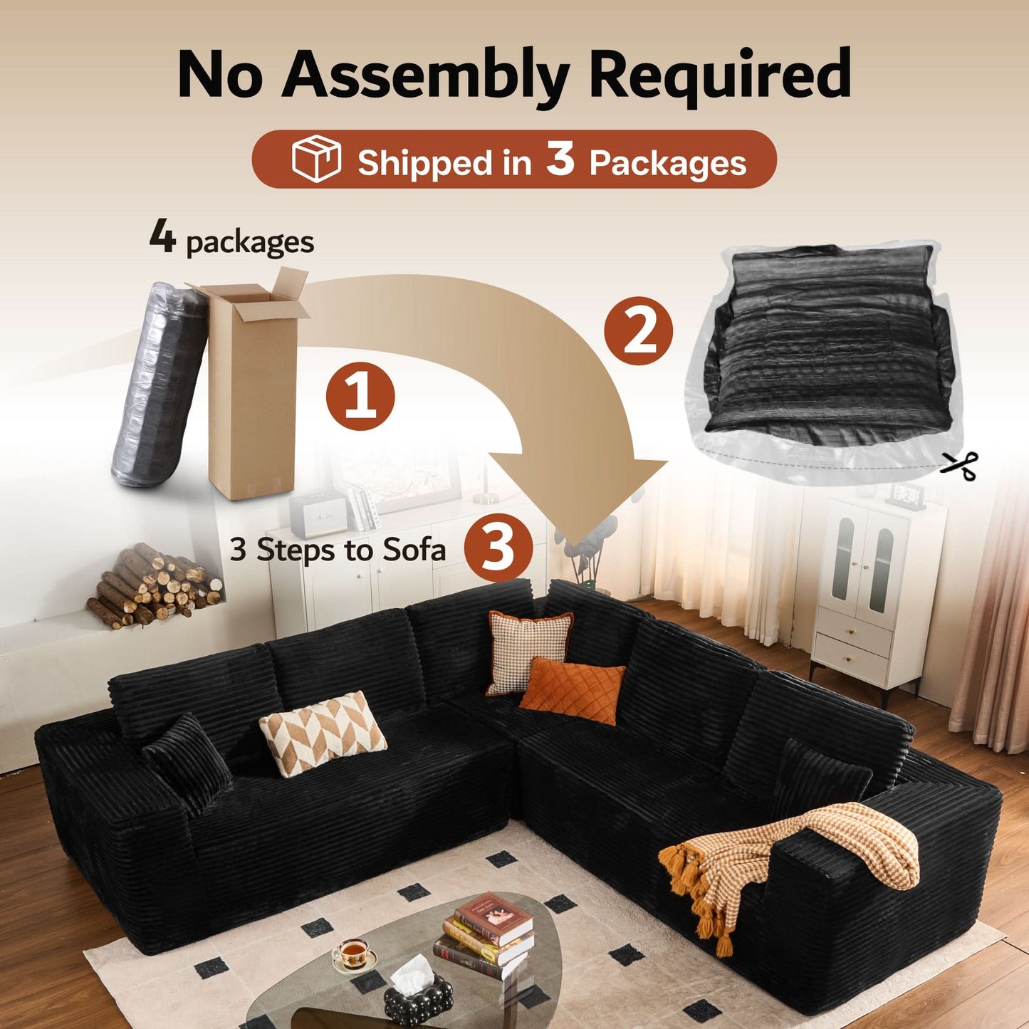 Modular Sectional Cloud Couch, Plush Corduroy Sofa with Memory Foam, No Assembly