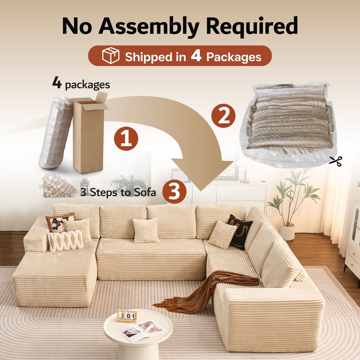 Modular Sectional Cloud Couch, Plush Corduroy Sofa with Memory Foam, No Assembly