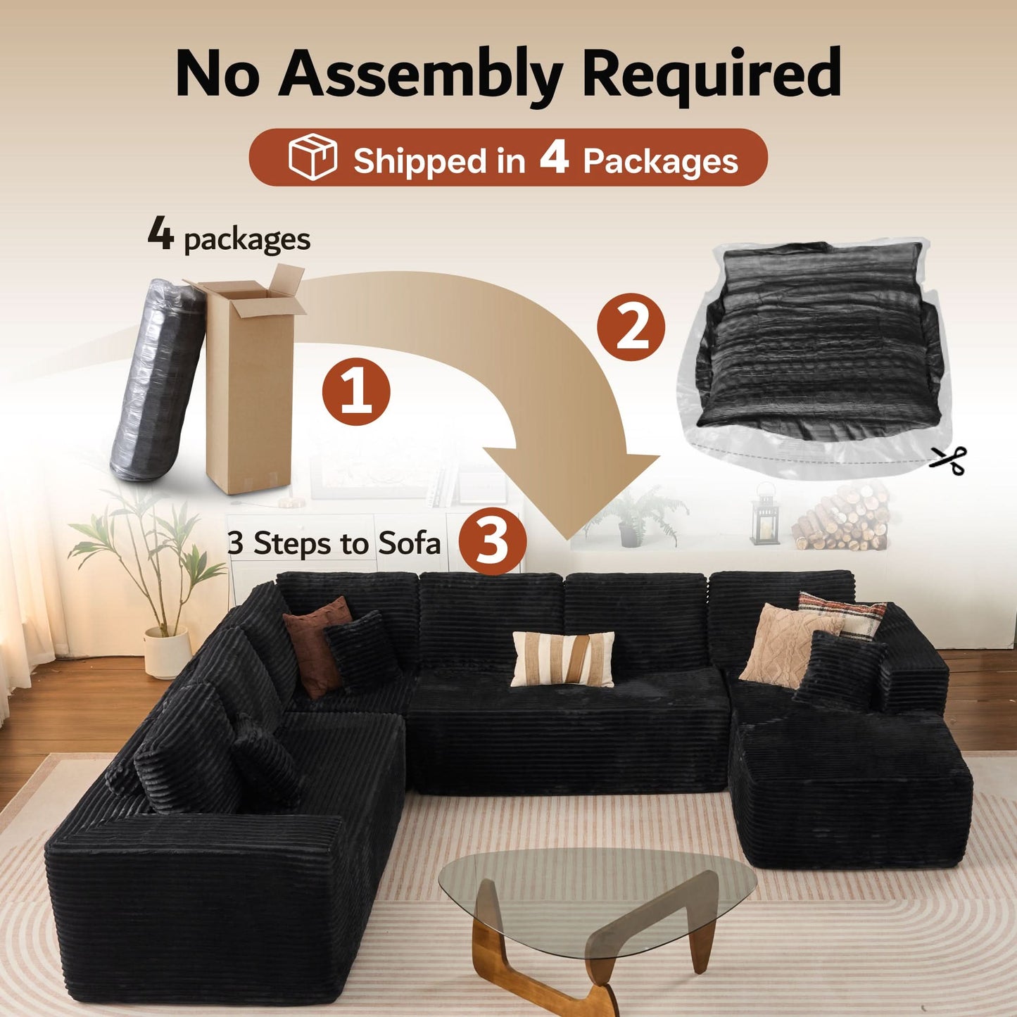 Modular Sectional Cloud Couch, Plush Corduroy Sofa with Memory Foam, No Assembly